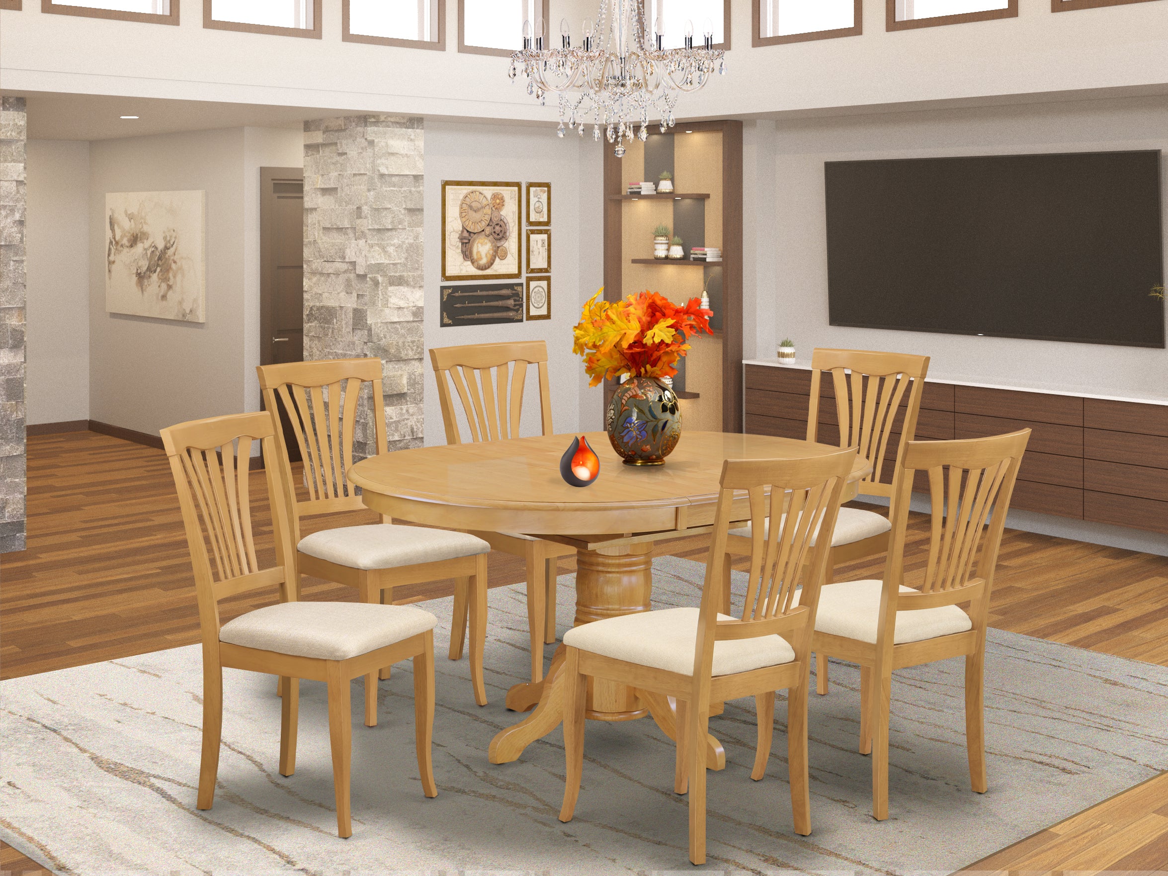 AVON7-OAK-C 7 Pc Dining room set-Oval dinette Table with Leaf and 6 Dining Chairs in Oak