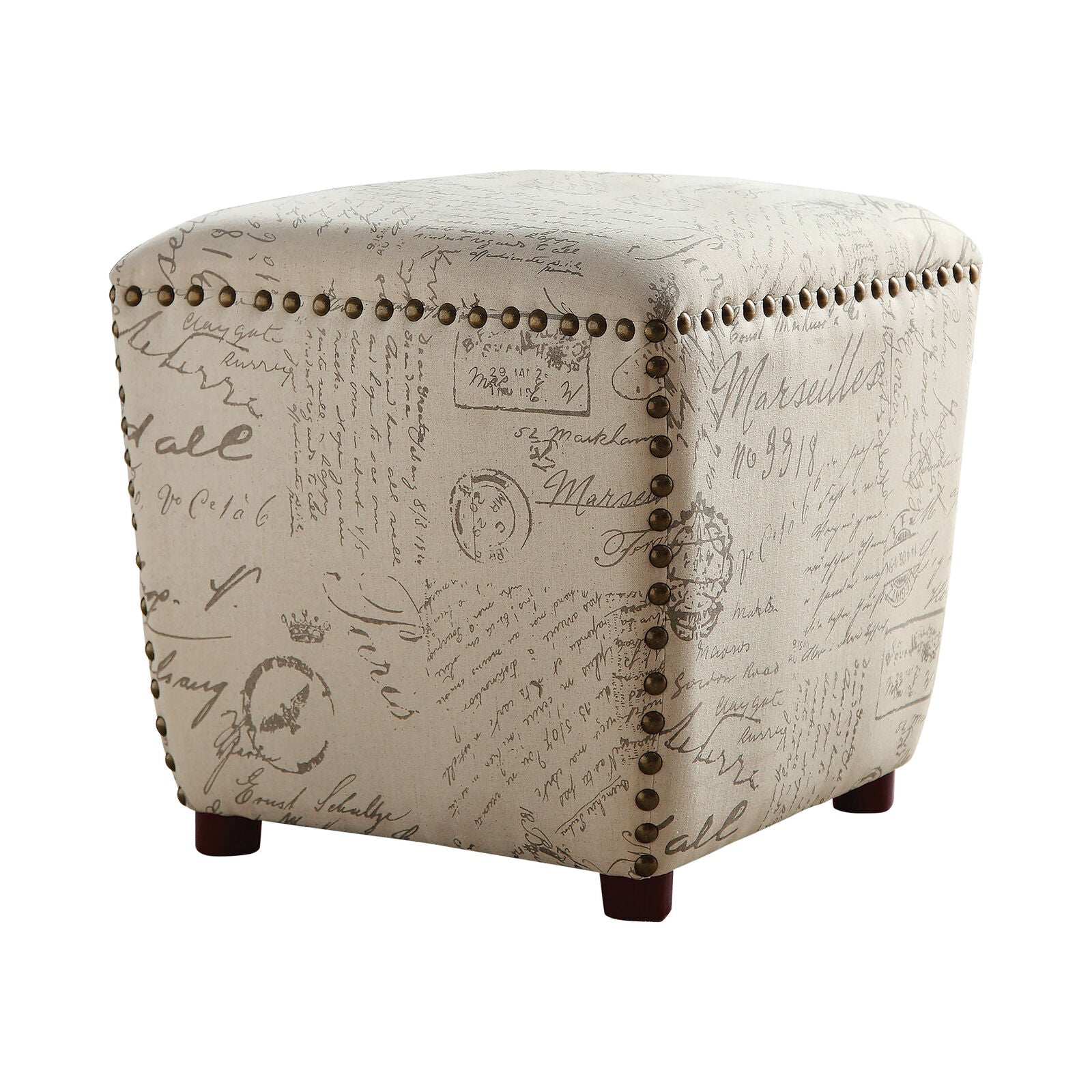 French script Upholstered Ottoman With Nailhead Trim Off White And Grey