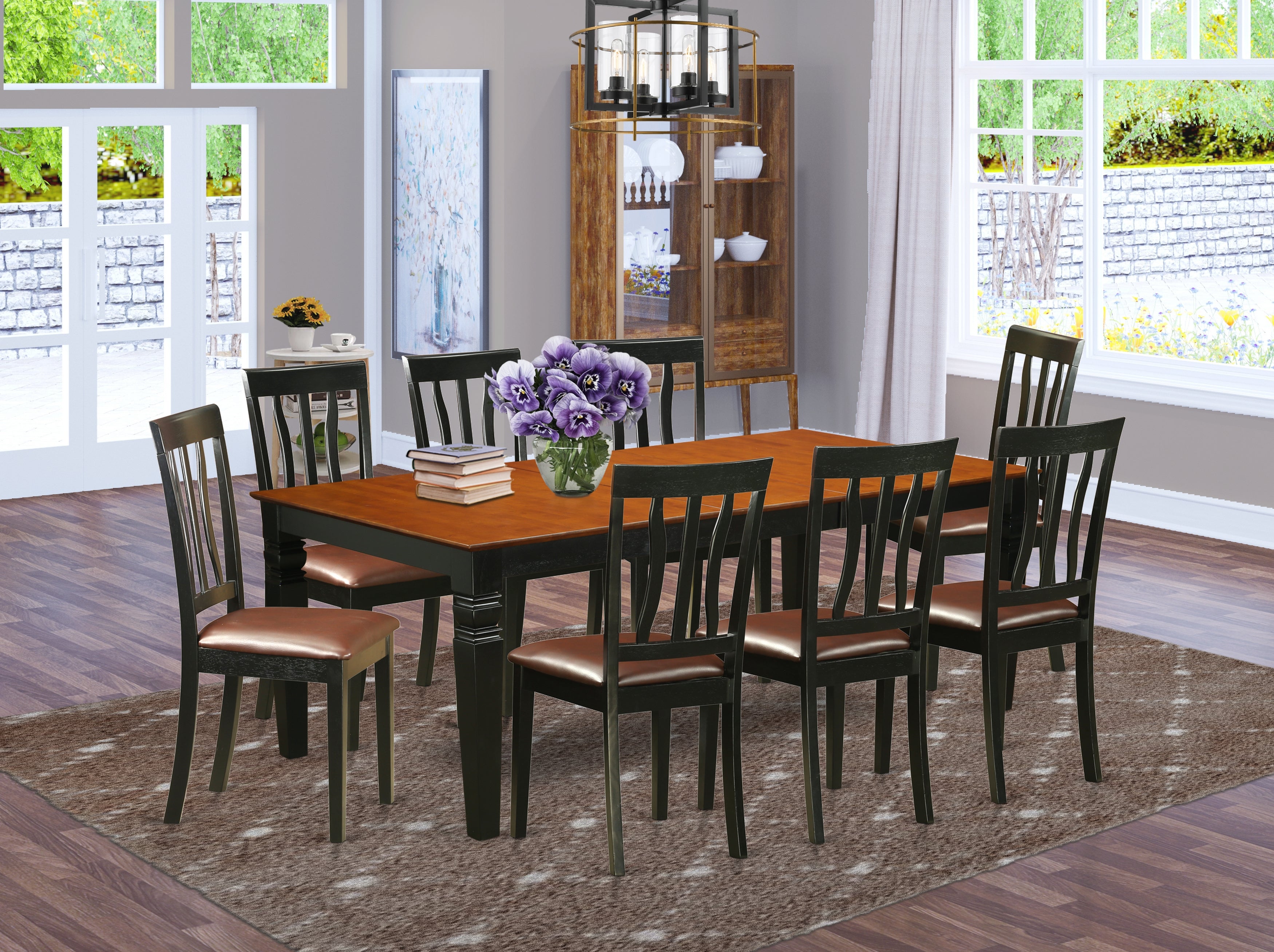 LGAN9-BCH-LC 9 PcKitchen Table set with a Dining Table and 8 Kitchen Chairs in Black and Cherry