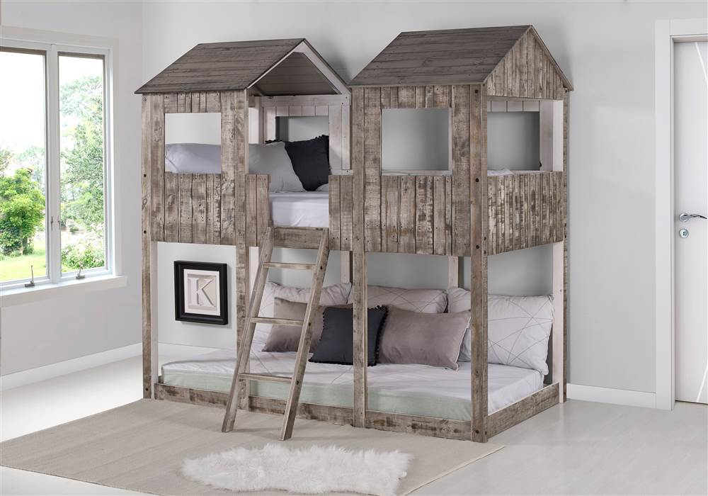 Twin-Over-Twin Lodge Tower Ladder Bunk Bed Rustic Grey Kids Room