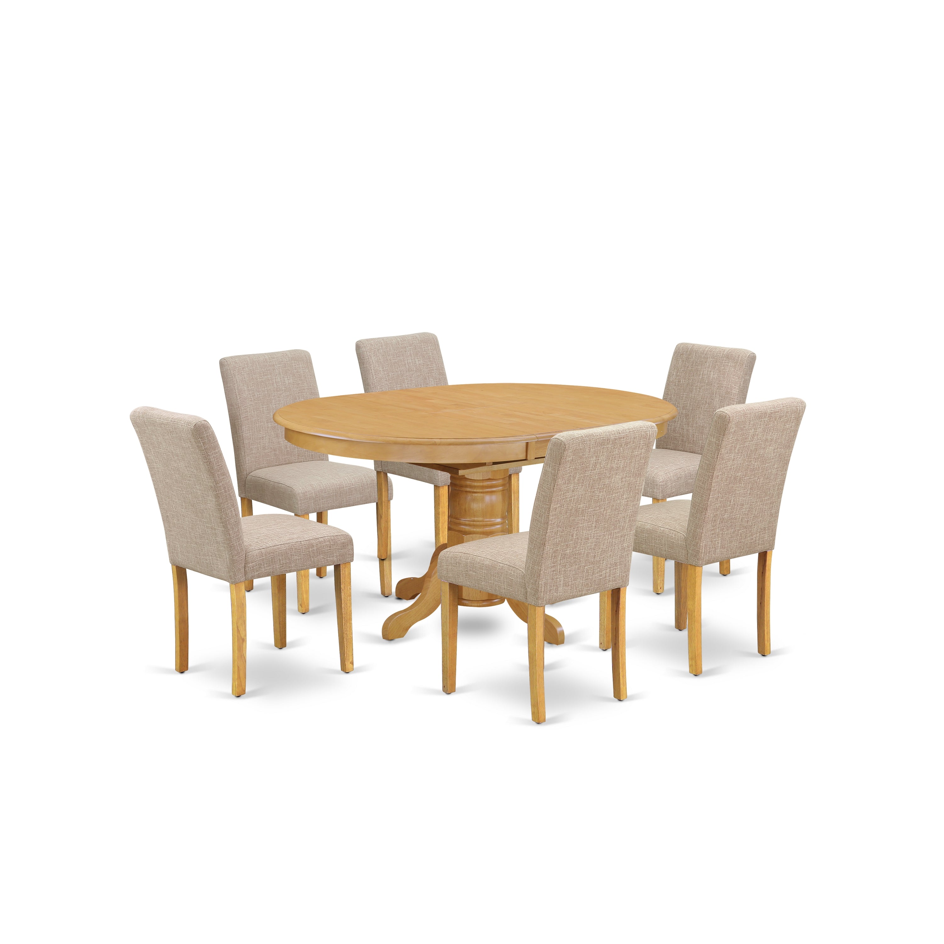 AVAB7-OAK-04 7Pc Oval 42/60" Dinette Table With 18 In Butterfly Leaf And 6 Parson Chair With Oak Leg And Linen Fabric Light Fawn