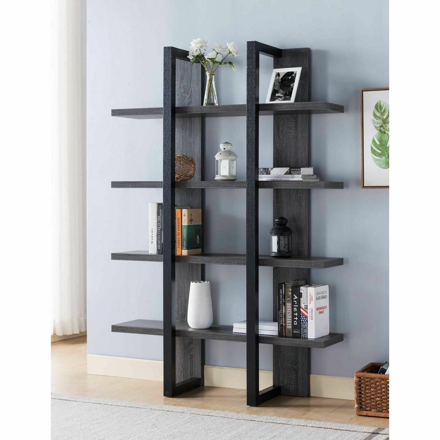 Mid Century Modern 4-Shelf Bookcase, Distredded Grey And Black