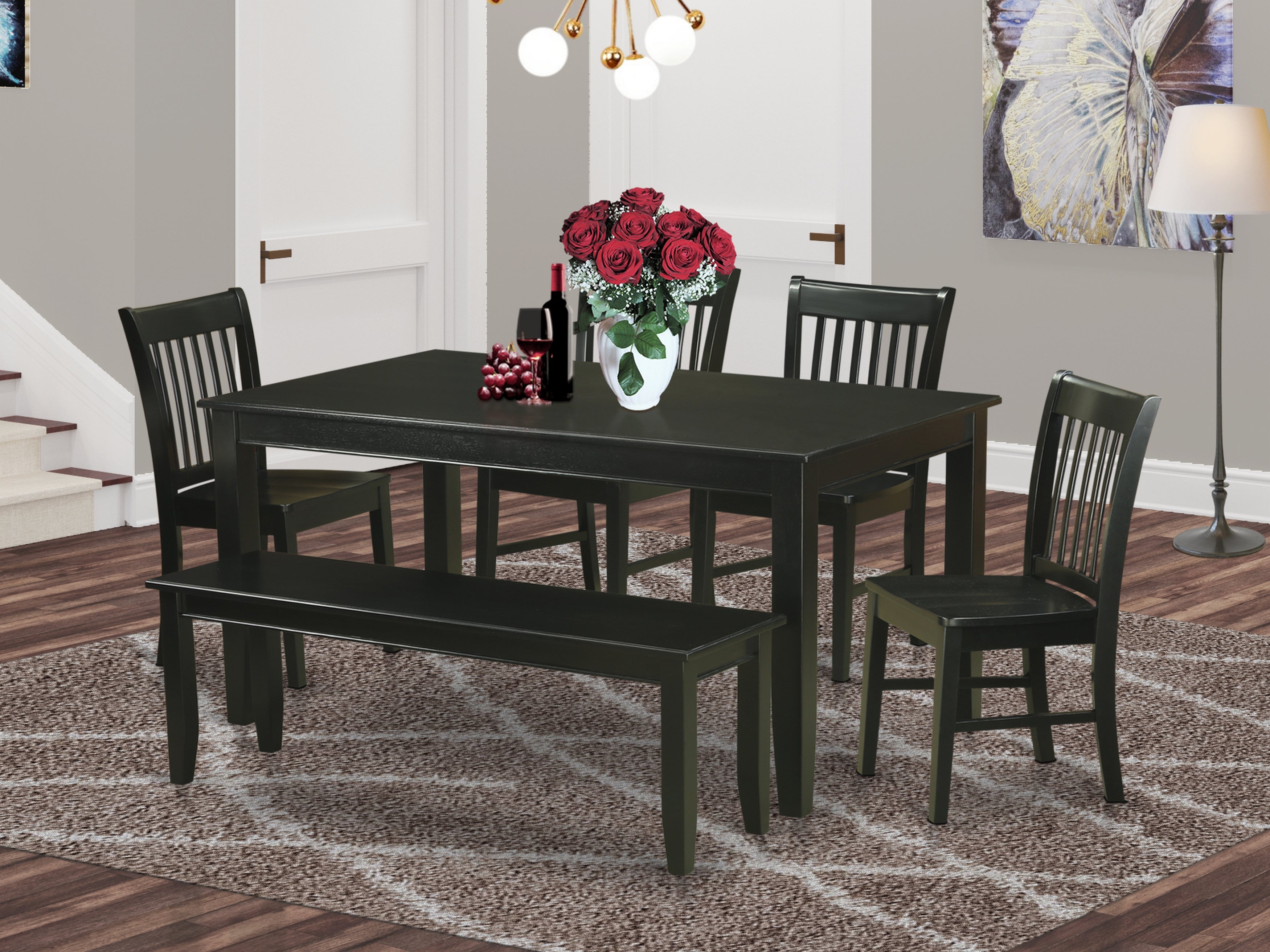 DUNO6-BLK-W 6 PC Dining room set- Dining Table and 4 Dining Chairs and also Bench