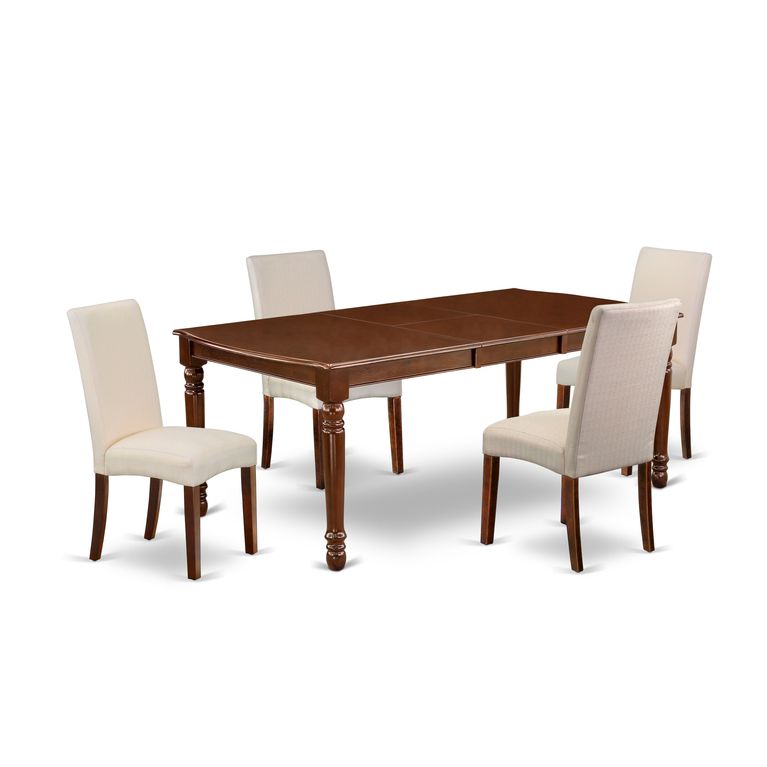 DODR5-MAH-01 5Pc Rectangular 60/78" Table With 18 In Leaf And Four Parson Chair With Mahogany Finish Leg And Linen Fabric- Cream Color