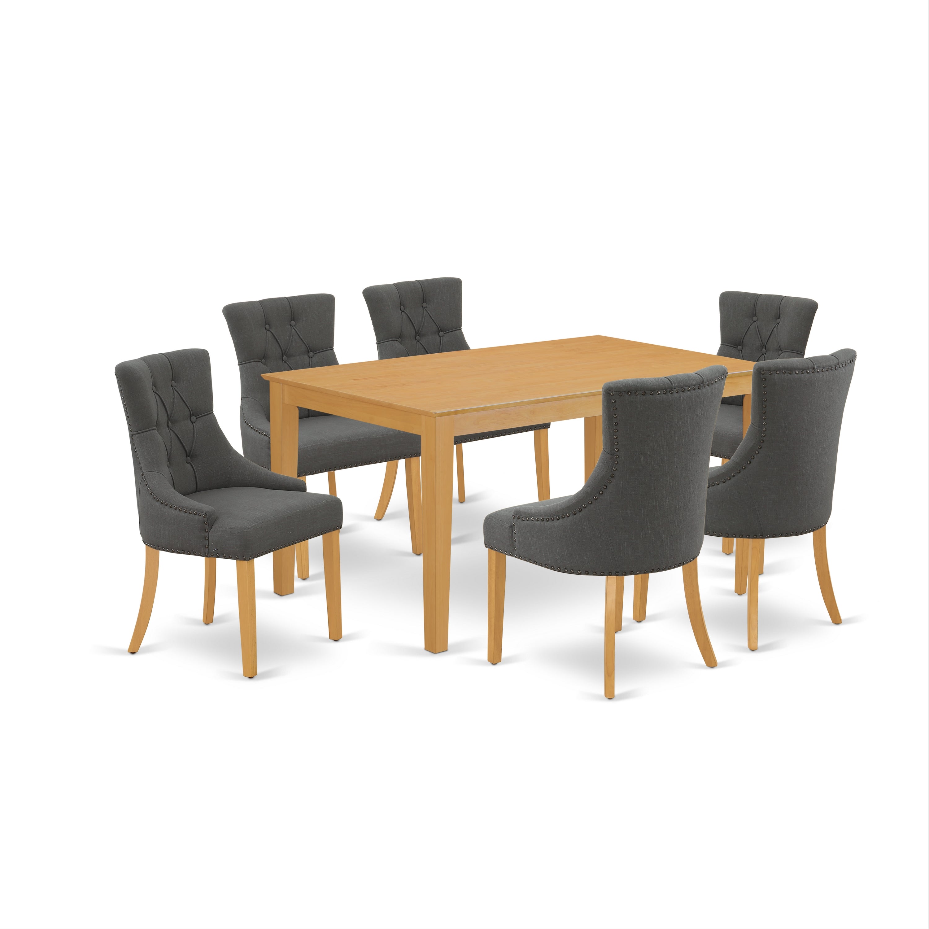 CAFR7-OAK-20 7Pc Dinette Set Includes a Rectangular Kitchen Table and Six Parson Chairs with Dark Gotham Grey Fabric, Oak Finish