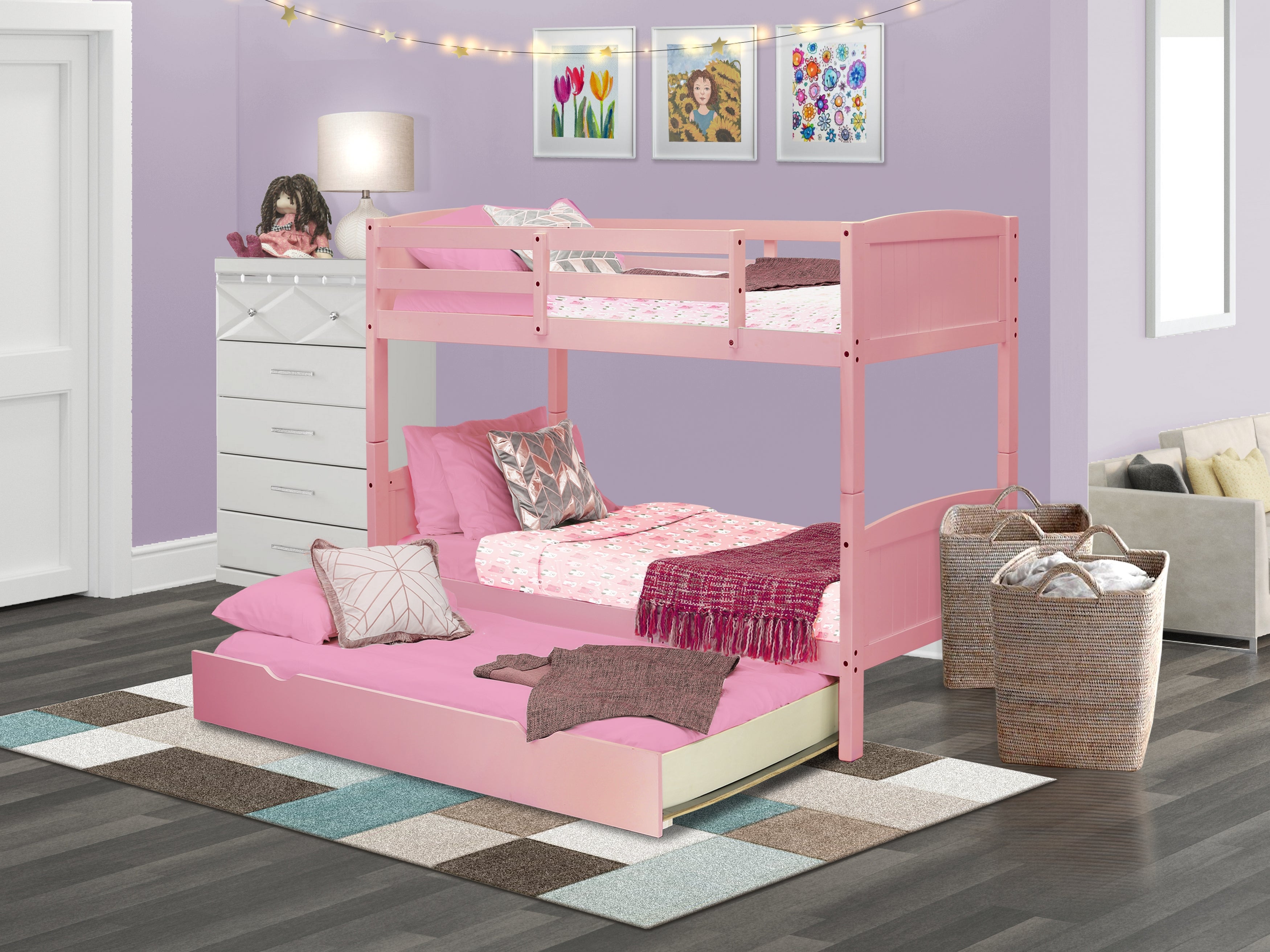 East West Furniture Albury Twin Bunk Bed in Pink Finish with Convertible Trundle & Drawer