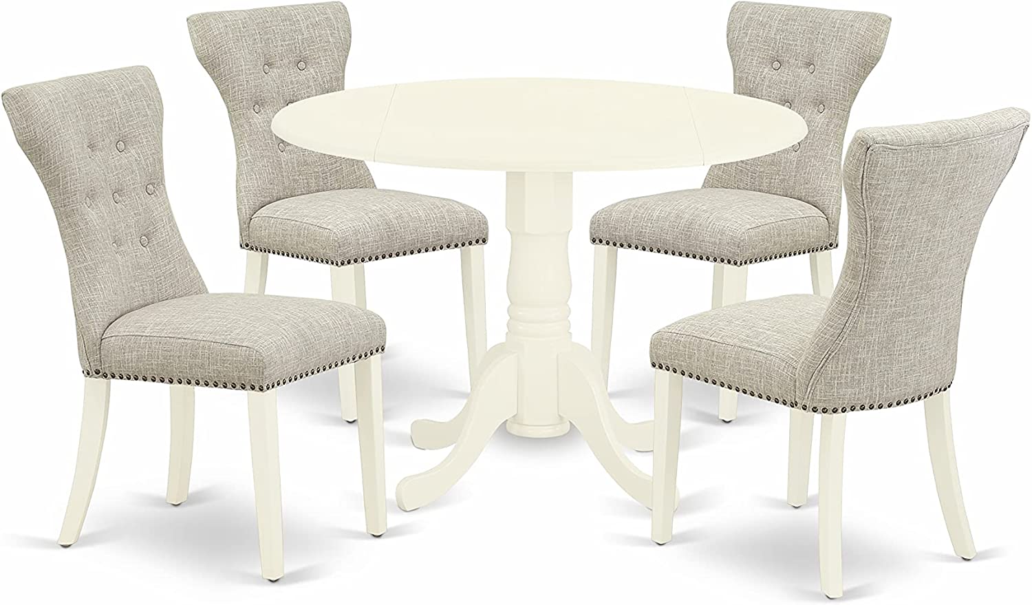 5Pc Round Dropleaf Dining Table & 4 Upholstered Chairs in Doeskin & Linen White