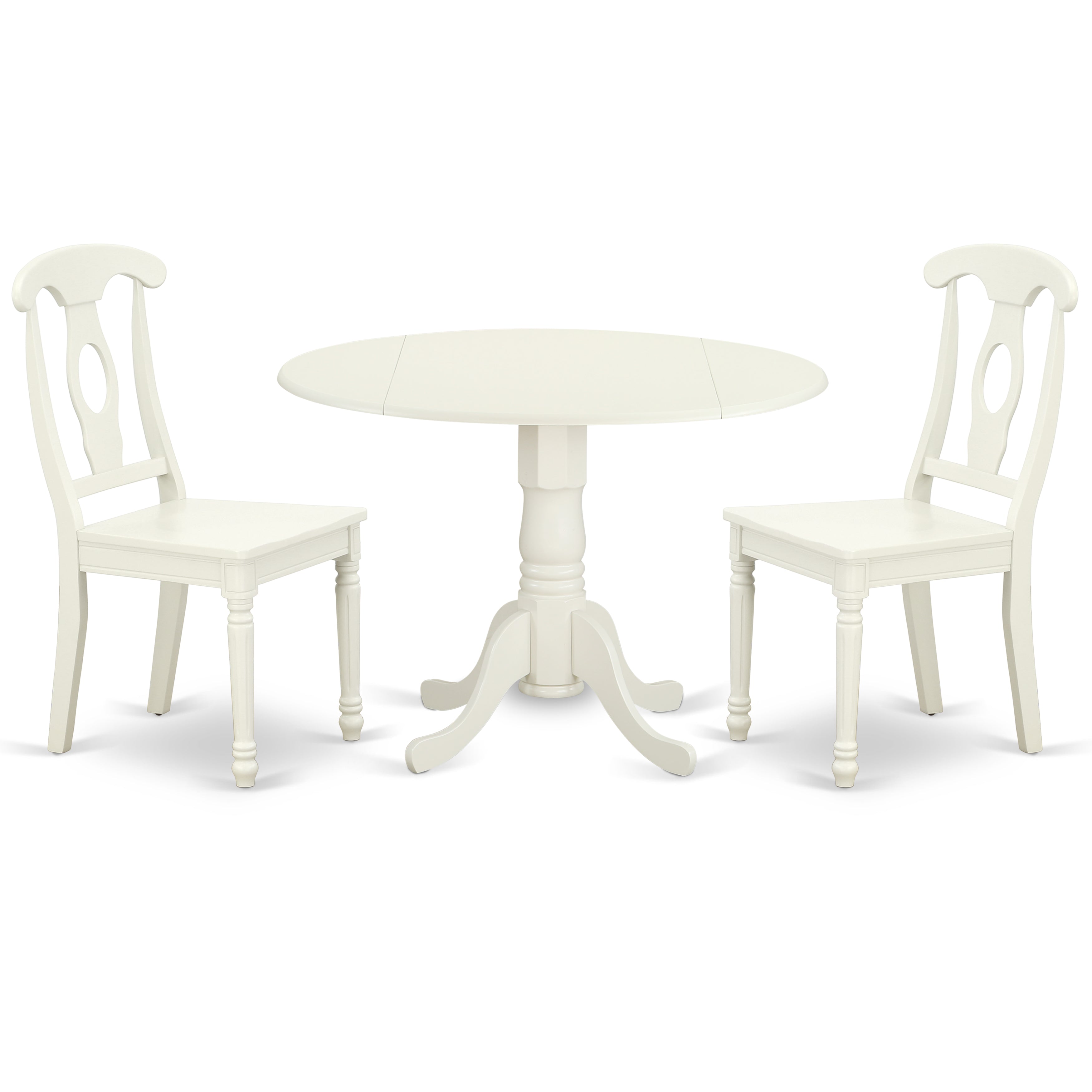 DLKE3-LWH-W 3PC Round 42 inch Table with Two 9-Inch Drop Leaves and 2 Panel Back Chairs