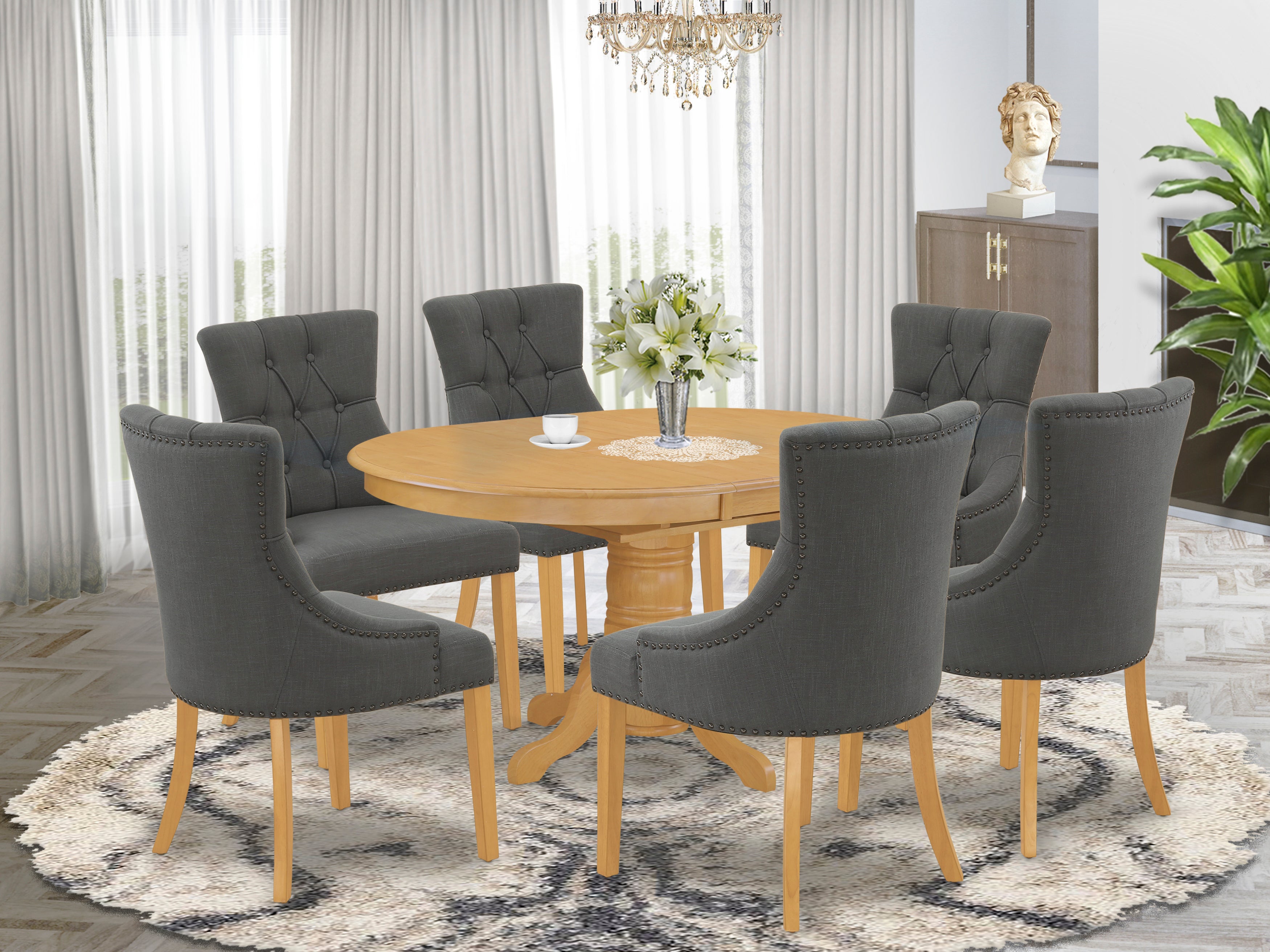 AVFR7-OAK-20 7Pc Dinette Set Includes an Oval Kitchen Table with Butterfly Leaf and Six Parson Chairs with Dark Gotham Grey Fabric, Oak Finish