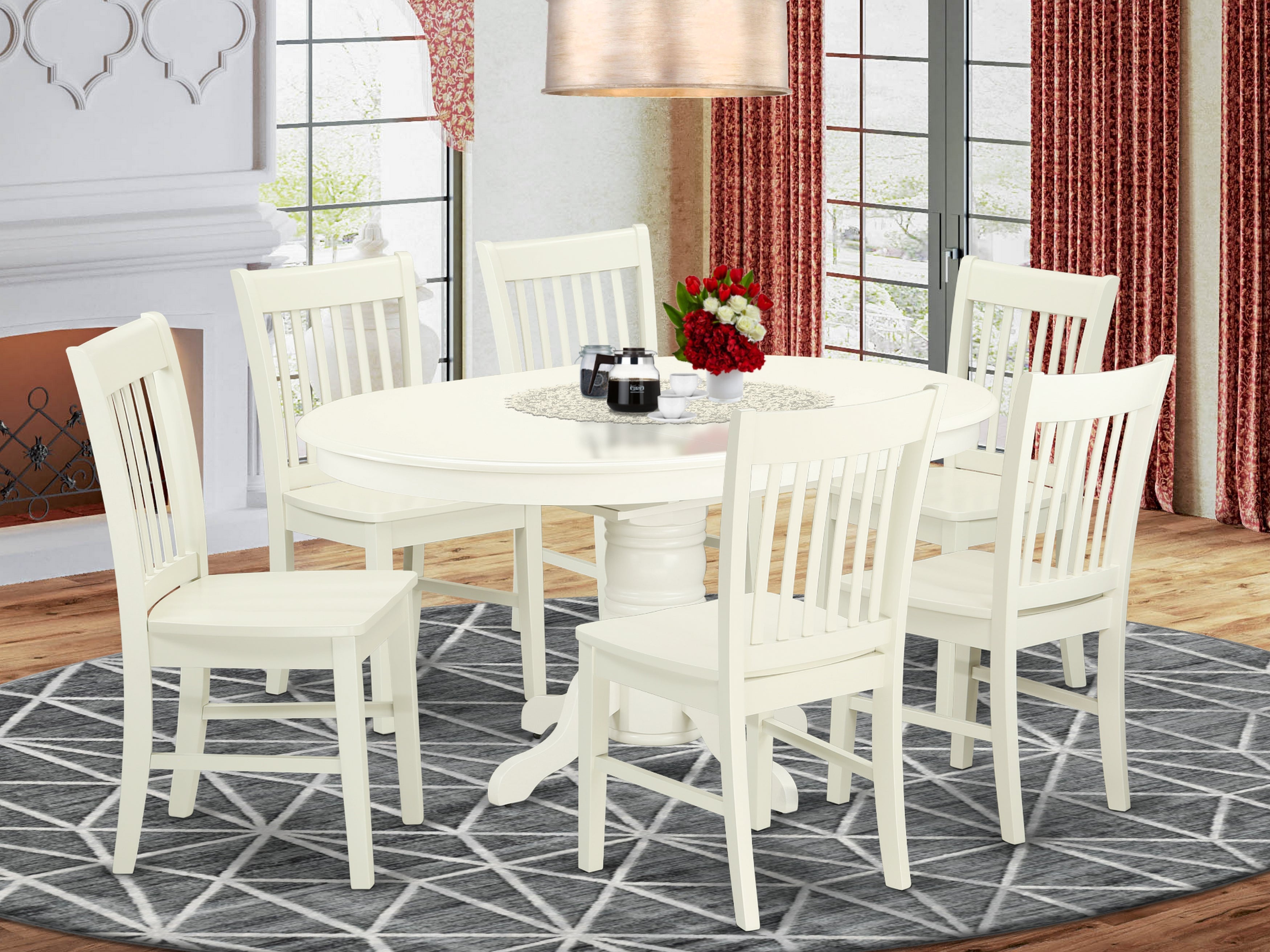 AVNO7-LWH-W 7 Pc Dining set with a Kitchen Table and 6 Wood Seat Kitchen Chairs in Linen White