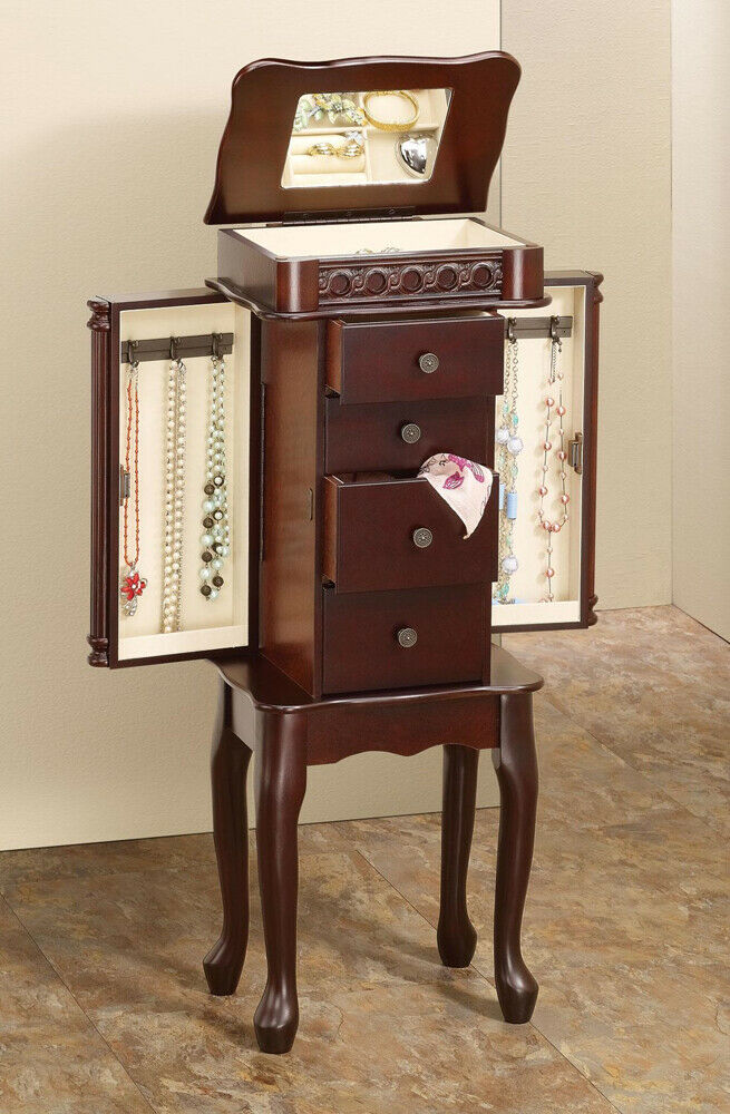 Traditional Cherry Jewelry Armoire With Carving And Cabriole legs