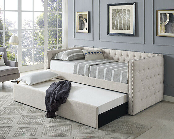 Beige tufted Linen Like Fabric Upholstered Twin Size Day Bed with Trundle