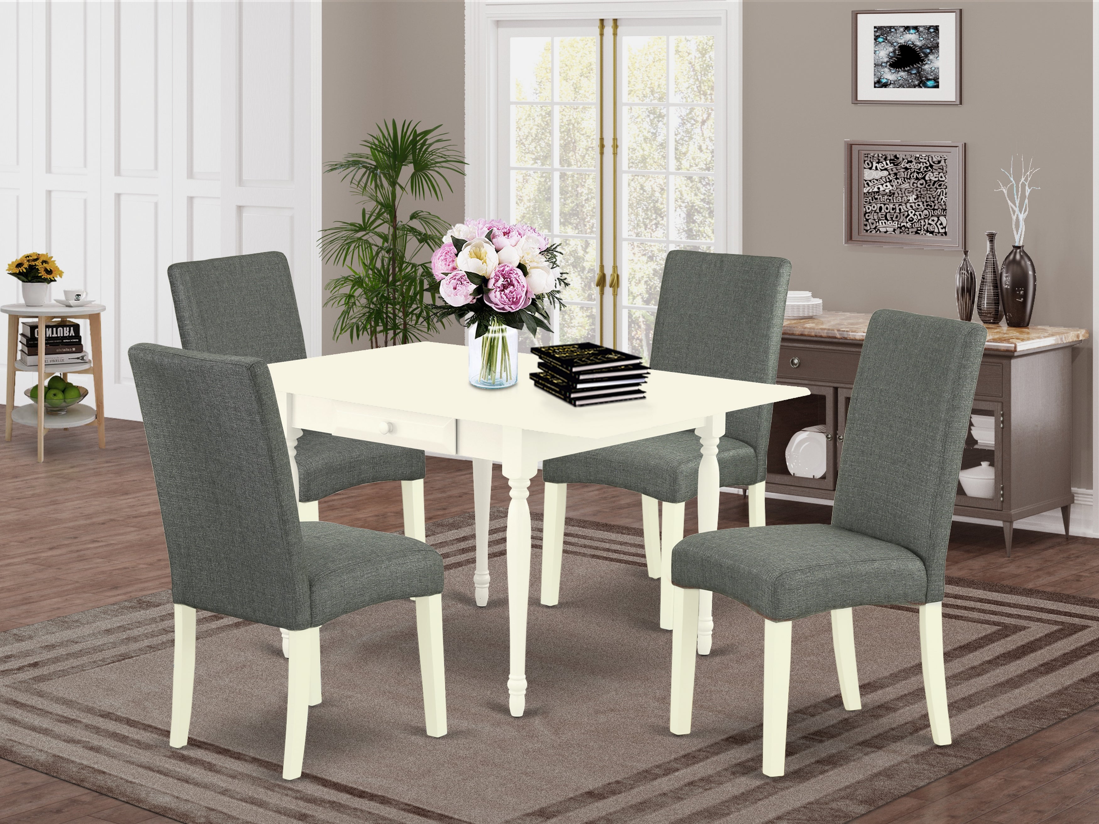 East West Furniture MZDR5-LWH-07 5Pc Dinette Sets for Small Spaces Includes a Kitchen Table and 4 Parsons Chairs with Gray Color Linen Fabric, Drop Leaf Table with Full Back Chairs, Linen White Finish
