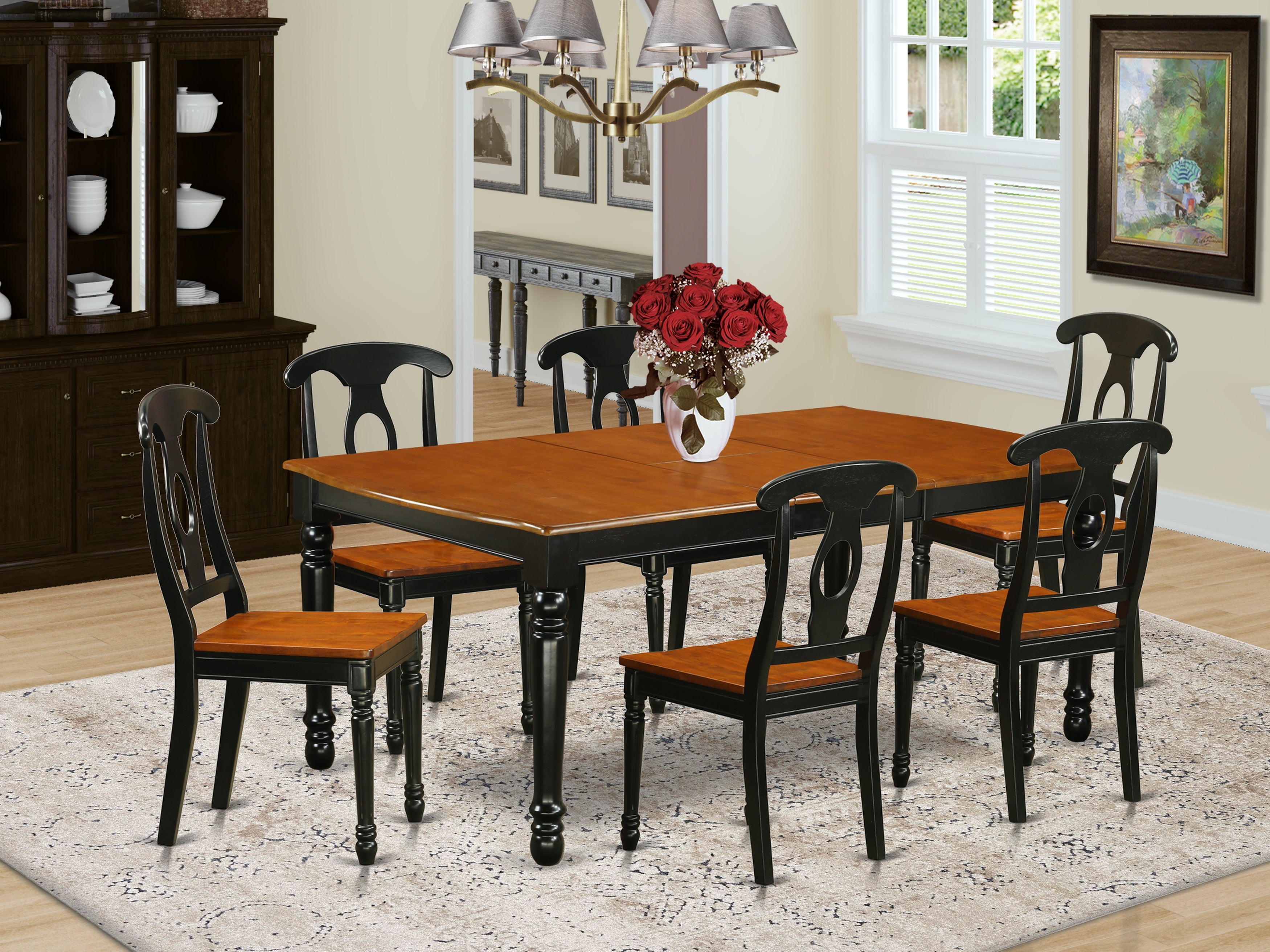 DOKE7-BCH-W 7-Piece table and chair set with one Dover dining room table and 6 dining room chairs in a Black and Cherry Finish