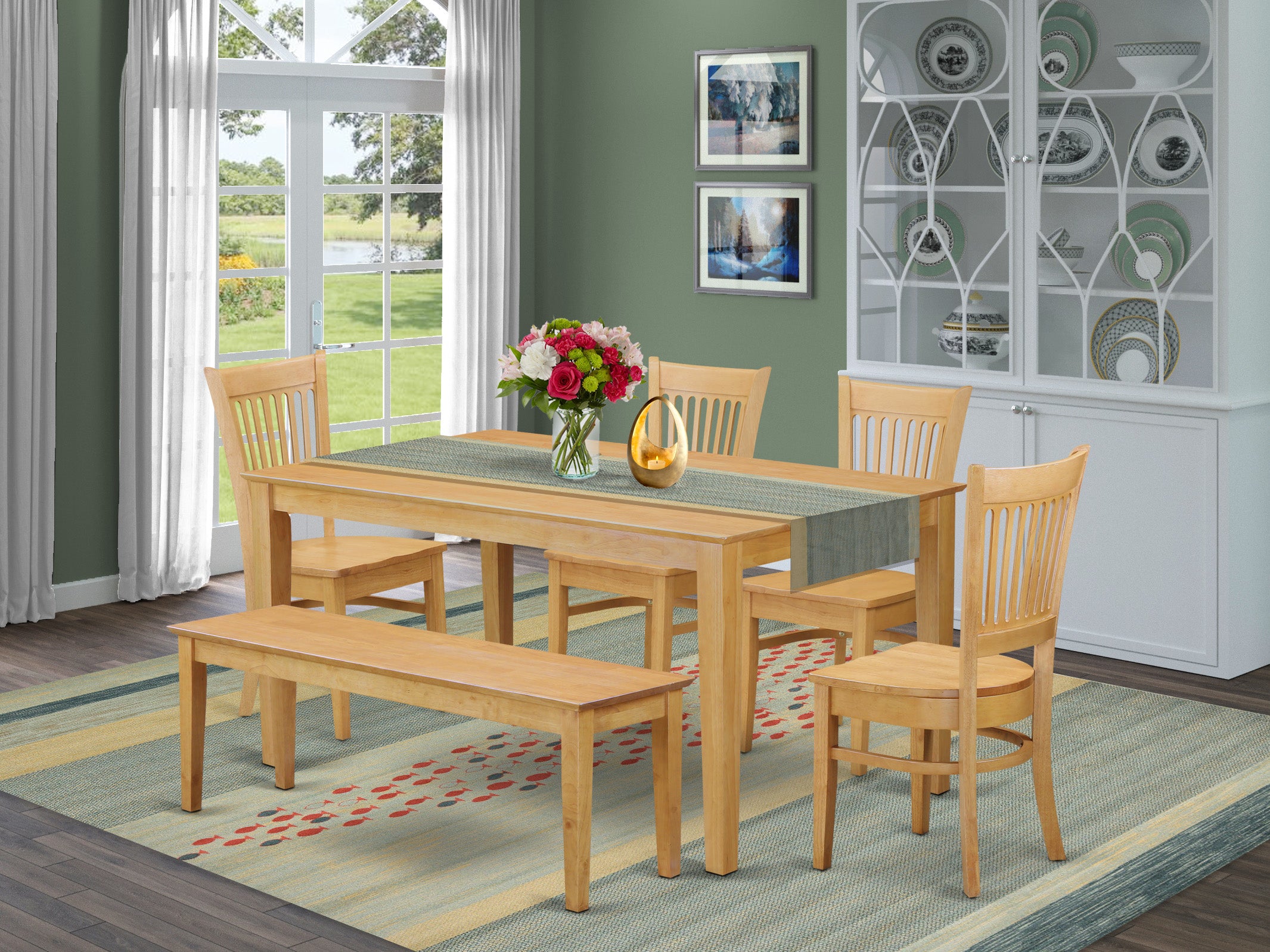 CAVA6-OAK-W 6-Pc Table set - Dining Table and 4 dinette Chairs combined with Wooden bench