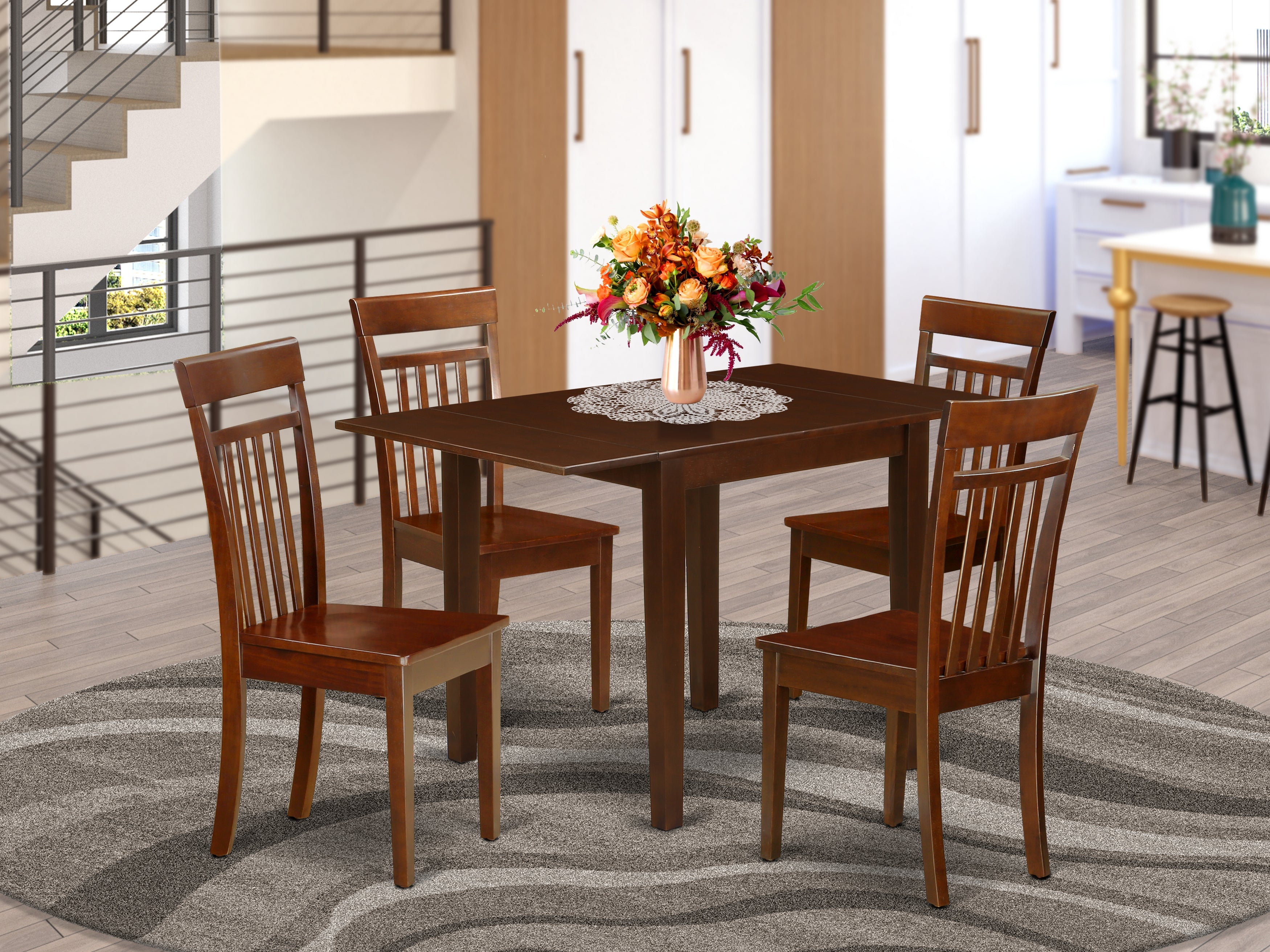 East West Furniture NDCA5-MAH-W Dining Table Set 5 Pc- 4 Excellent Dining Room Chairs and a Stunning Dining Room Table - Mahogany Finish Solid wood Chair Seat - Mahogany Finish Wooden Frame.