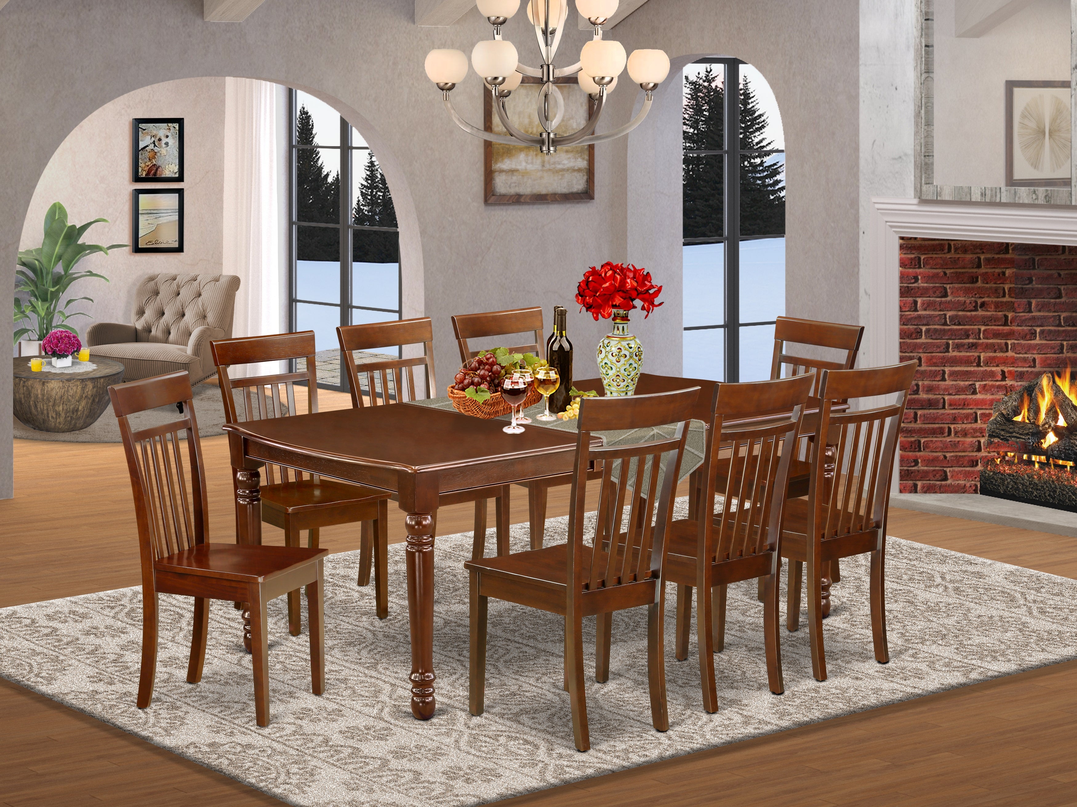 9Pc Mahogany 60/78" Dining Room Table With 18 In Leaf And 8 Wood Seat Chairs Set