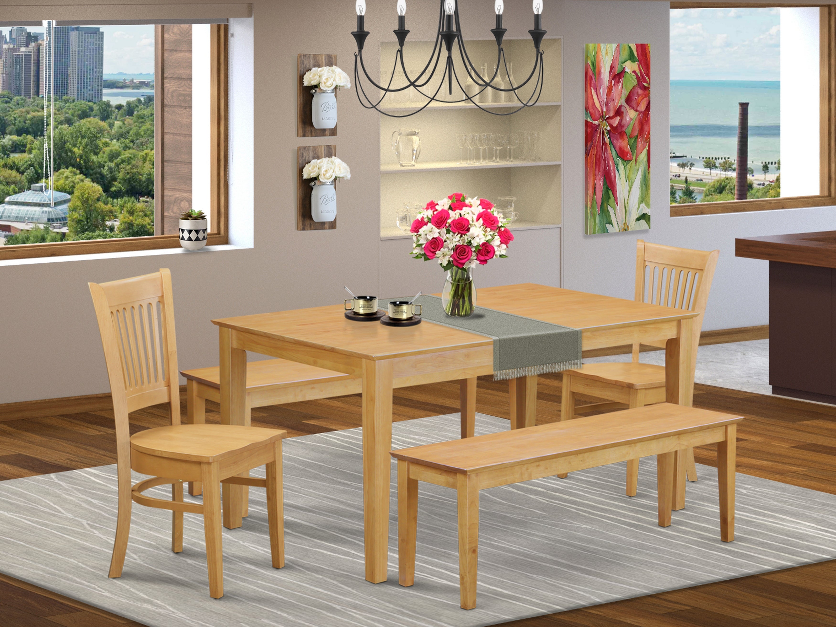 CAVA5C-OAK-W 5 PcTable set - Table and 2 dinette Chairs together with 2 benches