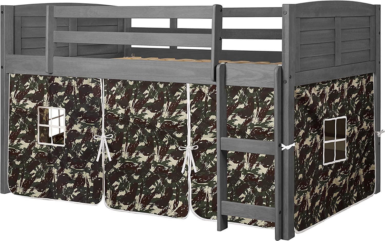 Donco Kids Louver Low Twin Loft Bed-Color:Antique Grey,Tent:Camo Tent