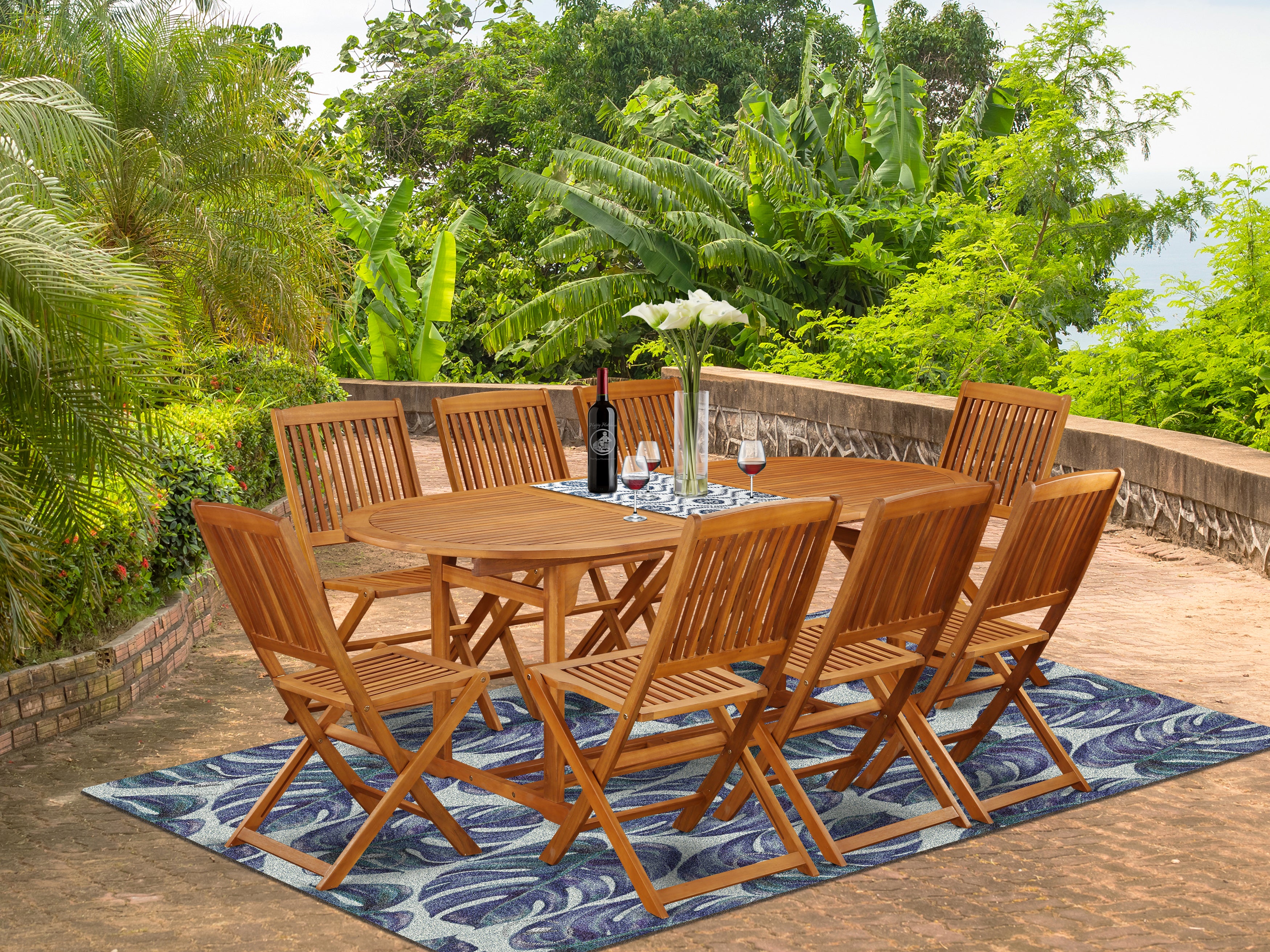 BSCM9CWNA This 9 Pc Acacia Outside patio Dining Sets includes a single Outdoor-Furniture table and Eight foldable Outdoor-Furniture chairs