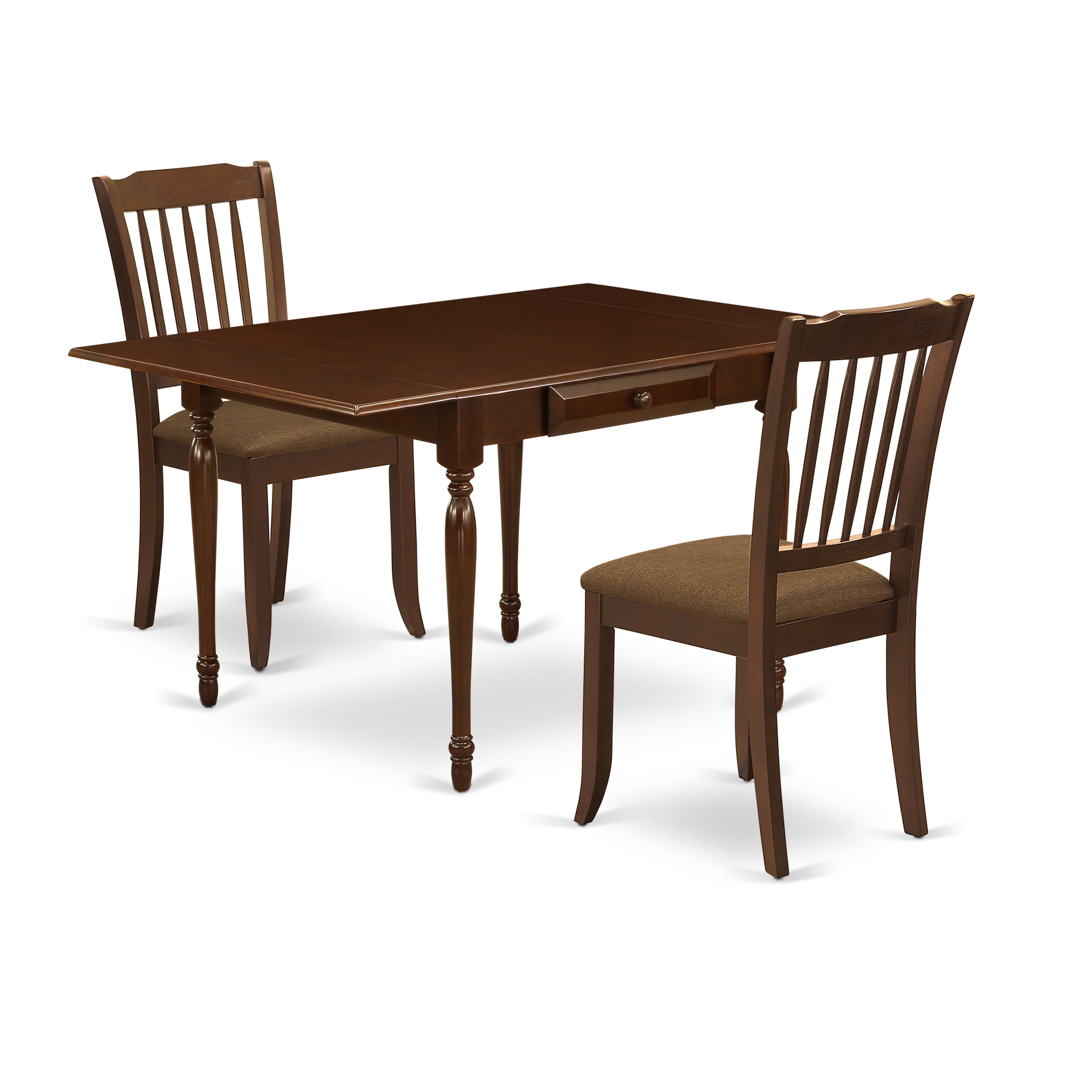 East West Furniture MZDA3-MAH-C 3Pc Dinette Sets for Small Spaces Offers a Dining Room Table and 2 Modern Dining Chairs with Microfiber Upholstery Seat, Drop Leaf Table with Slat Back Chairs, Mahogany Finish