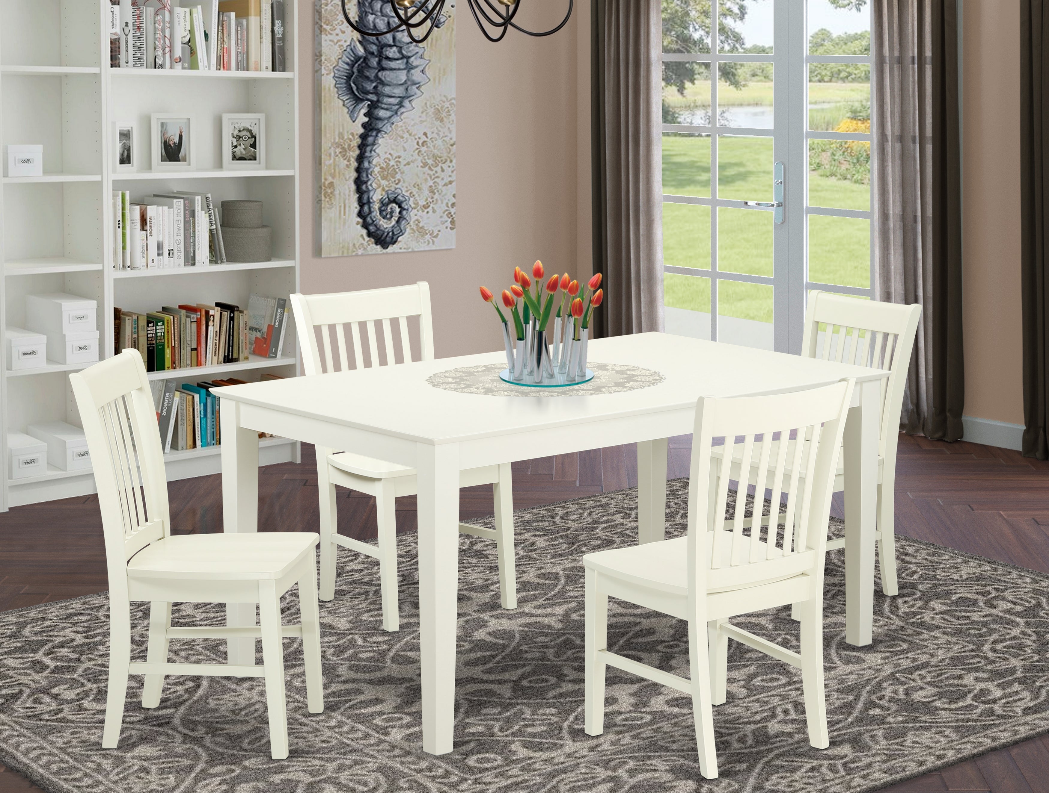 CANO5-LWH-W 5 Piece dining table set- Solid Top dining room table and 4 Wood Seat dining chairs