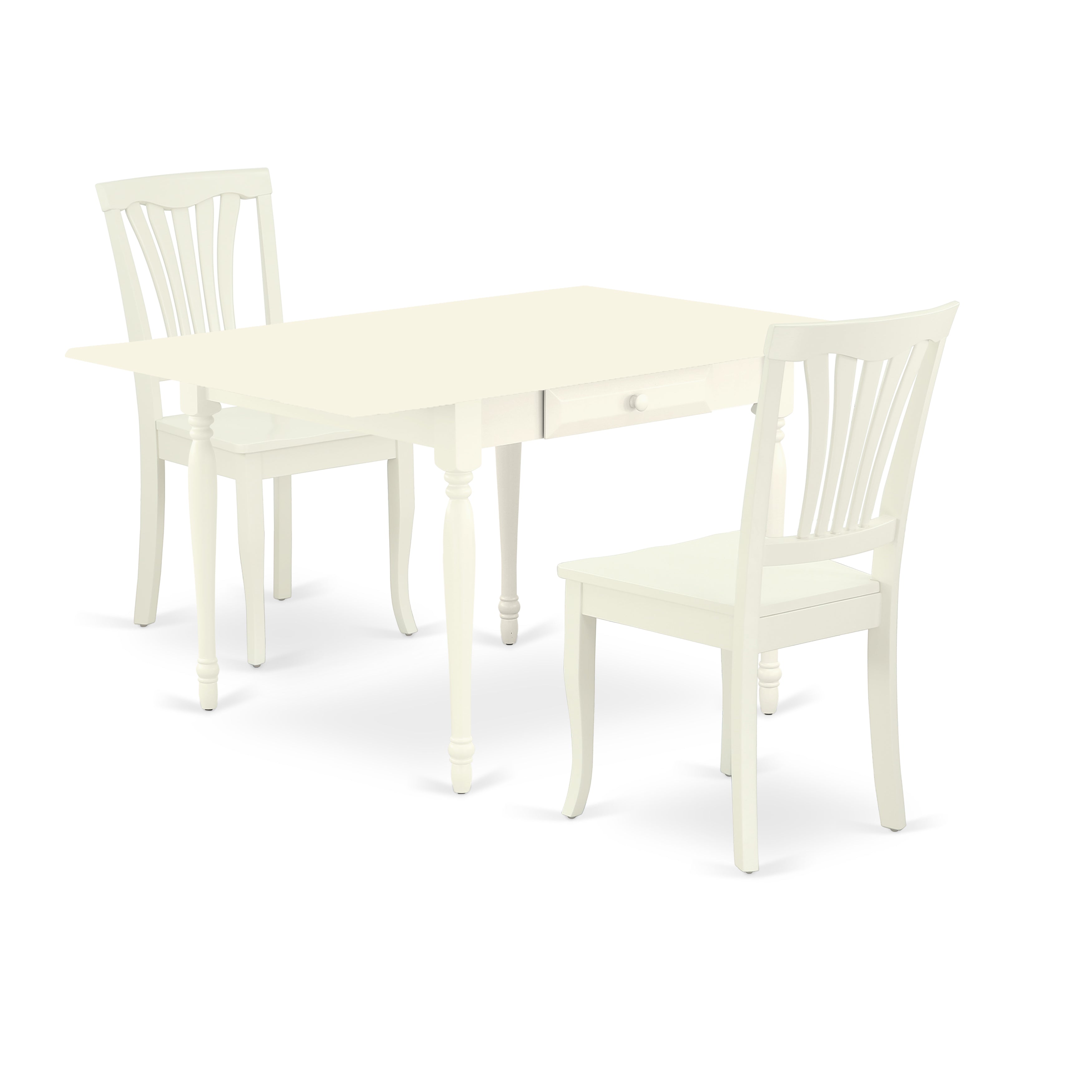 East West Furniture MZAV3-LWH-W 3Pc Dining Room Table Set Contains a Dining Room Table and 2 Wooden Dining Chairs with Wooden Seat, Drop Leaf Table with Slat Back Chairs, Linen White Finish