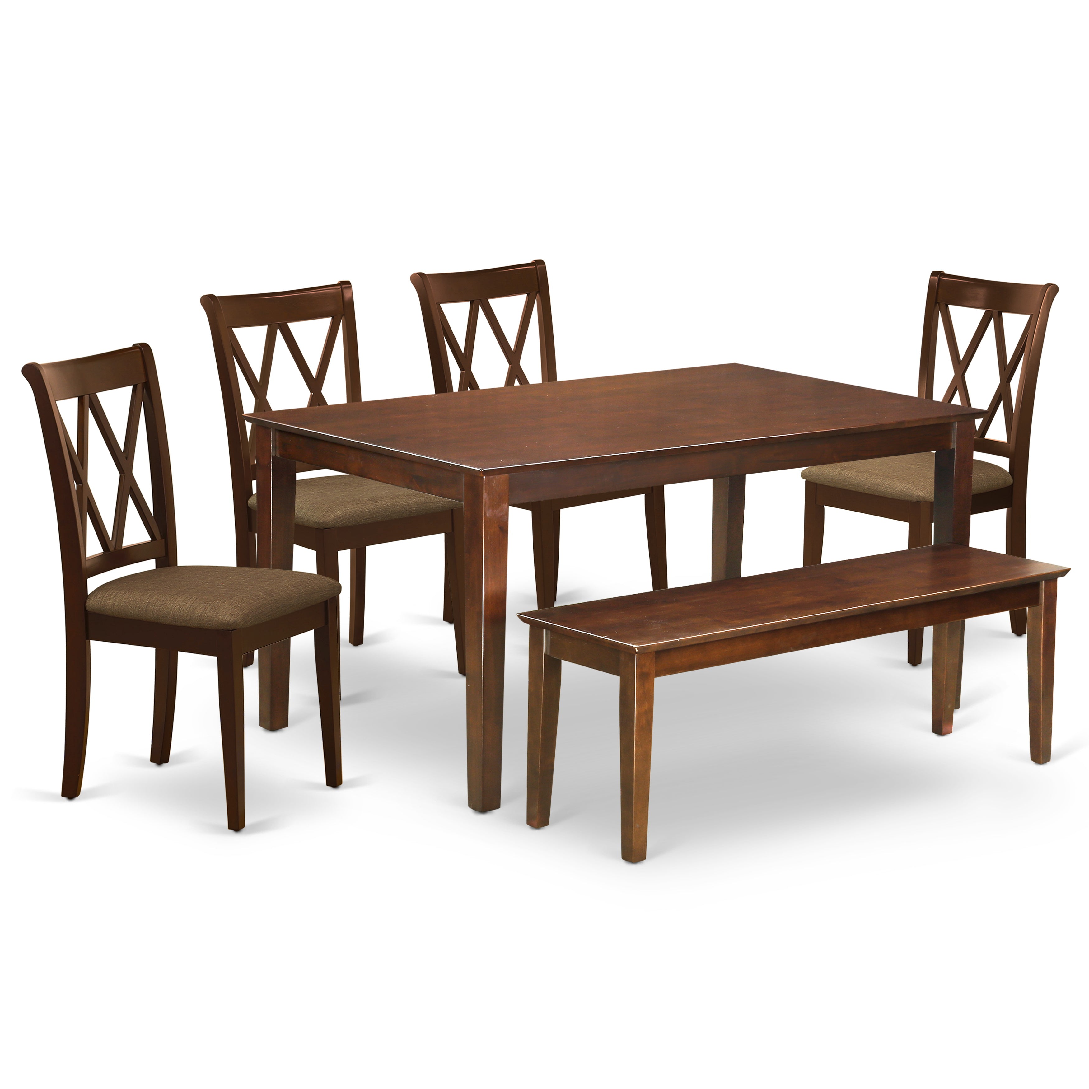 CACL6-MAH-C 6Pc Dining Set Includes a Rectangle Dinette Table and Four Double X Back Microfiber Seat Kitchen Chairs and a Bench, Mahogany Finish