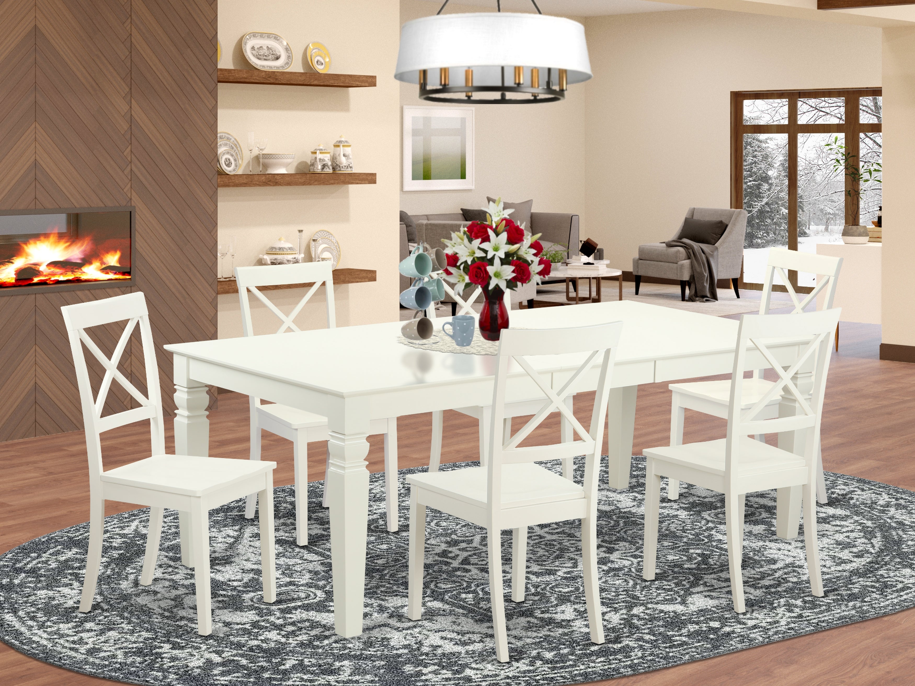 LGBO7-LWH-W 7 PC Kitchen Tables and chair set with a Table and 6 Dining Chairs in Linen White