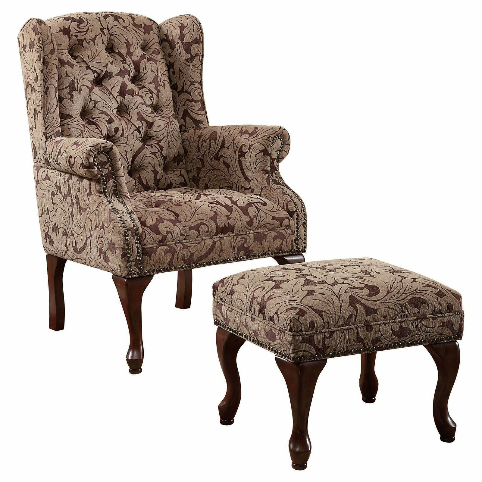 Coaster Company Traditional Wing Back Chair/Ottoman Set, Light Brown/Burgundy