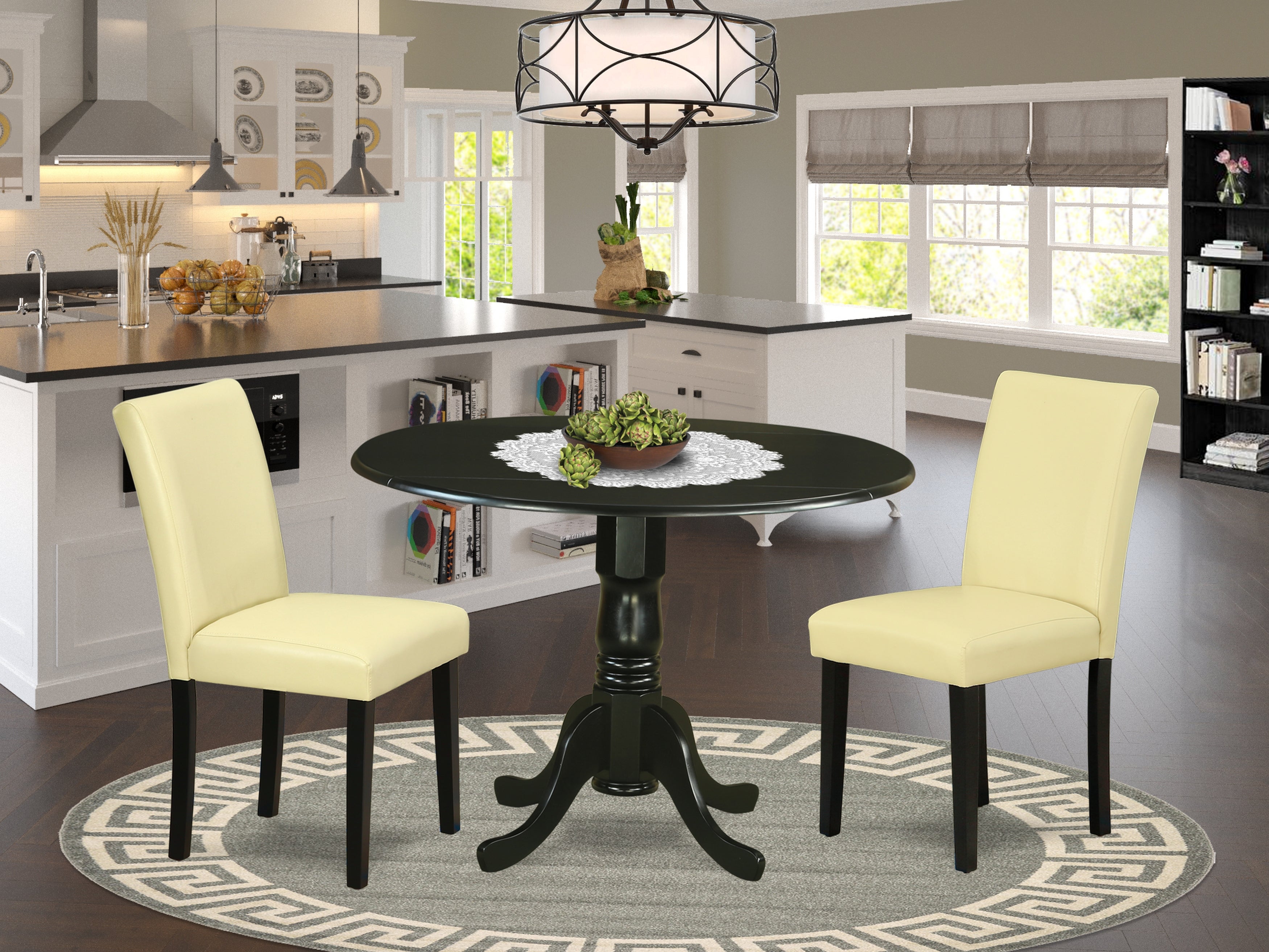 DLAB3-BLK-73 3Pc Round 42" Dining Room Table With Two 9-Inch Drop Leaves And 2 Parson Chair With Black Leg And Pu Leather Color Eggnog