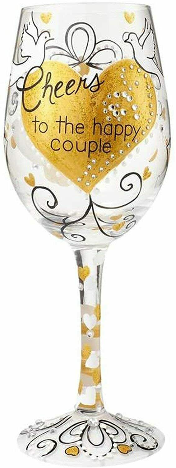 Lolita "Cheers to the Happy Couple" Hand Painted Artisan Wine Glass #6000016