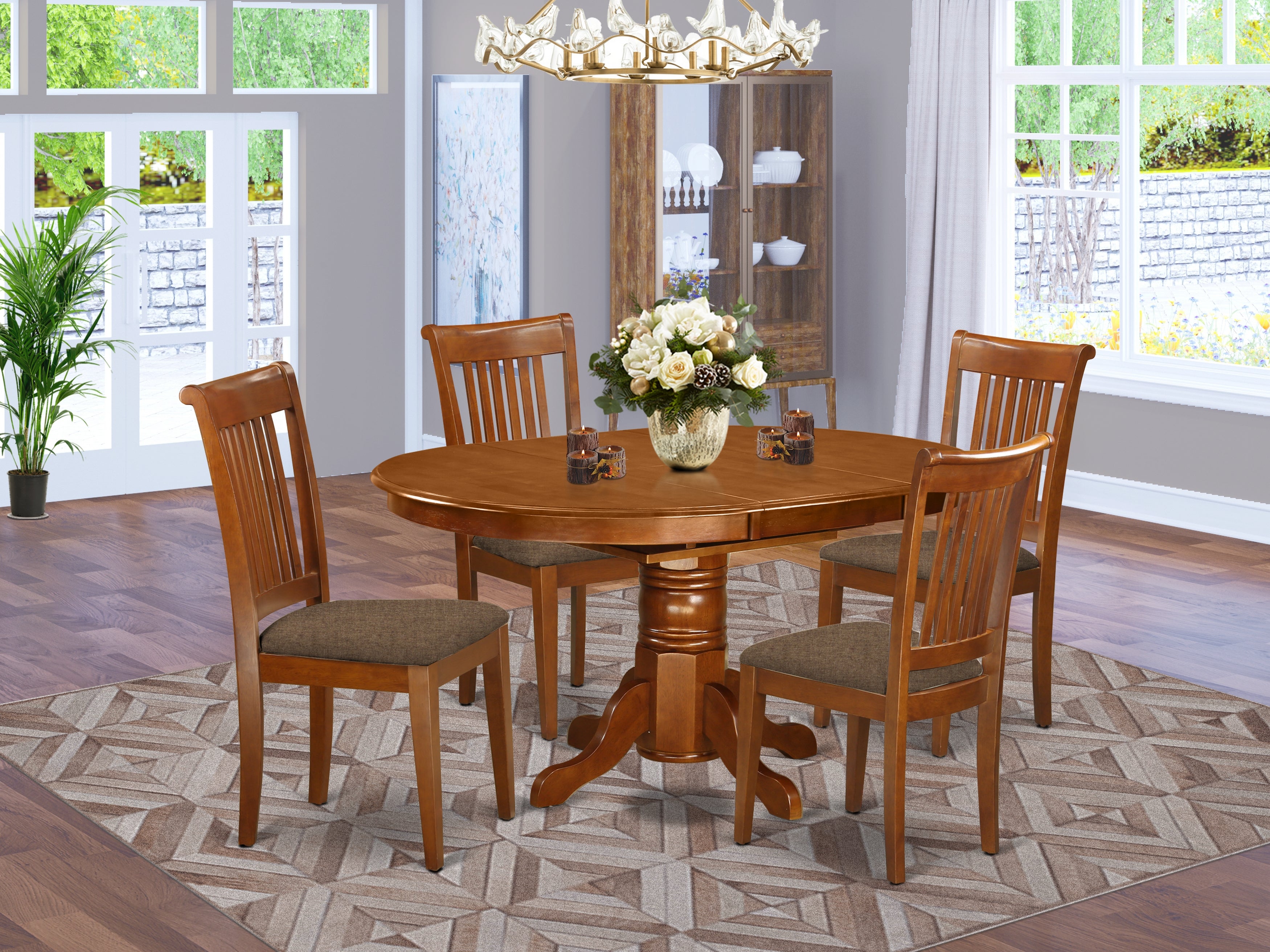 AVPO5-SBR-C 5 Pc set Avon with Leaf and 4 Cushiad Chairs in Saddle Brown