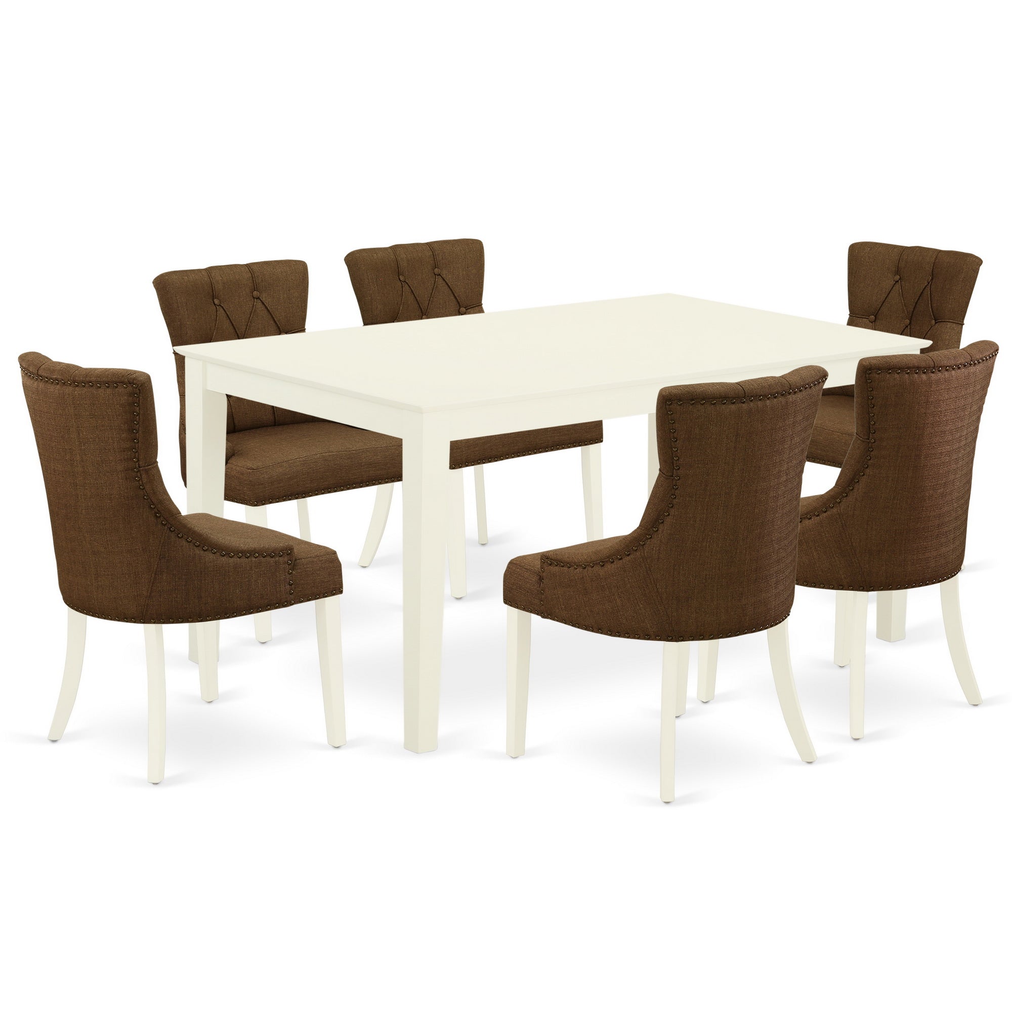 CAFR7-LWH-18 7Pc Dinette Set Includes a Rectangular Kitchen Table and Six Parson Chairs with Dark Coffee Fabric, Linen White Finish