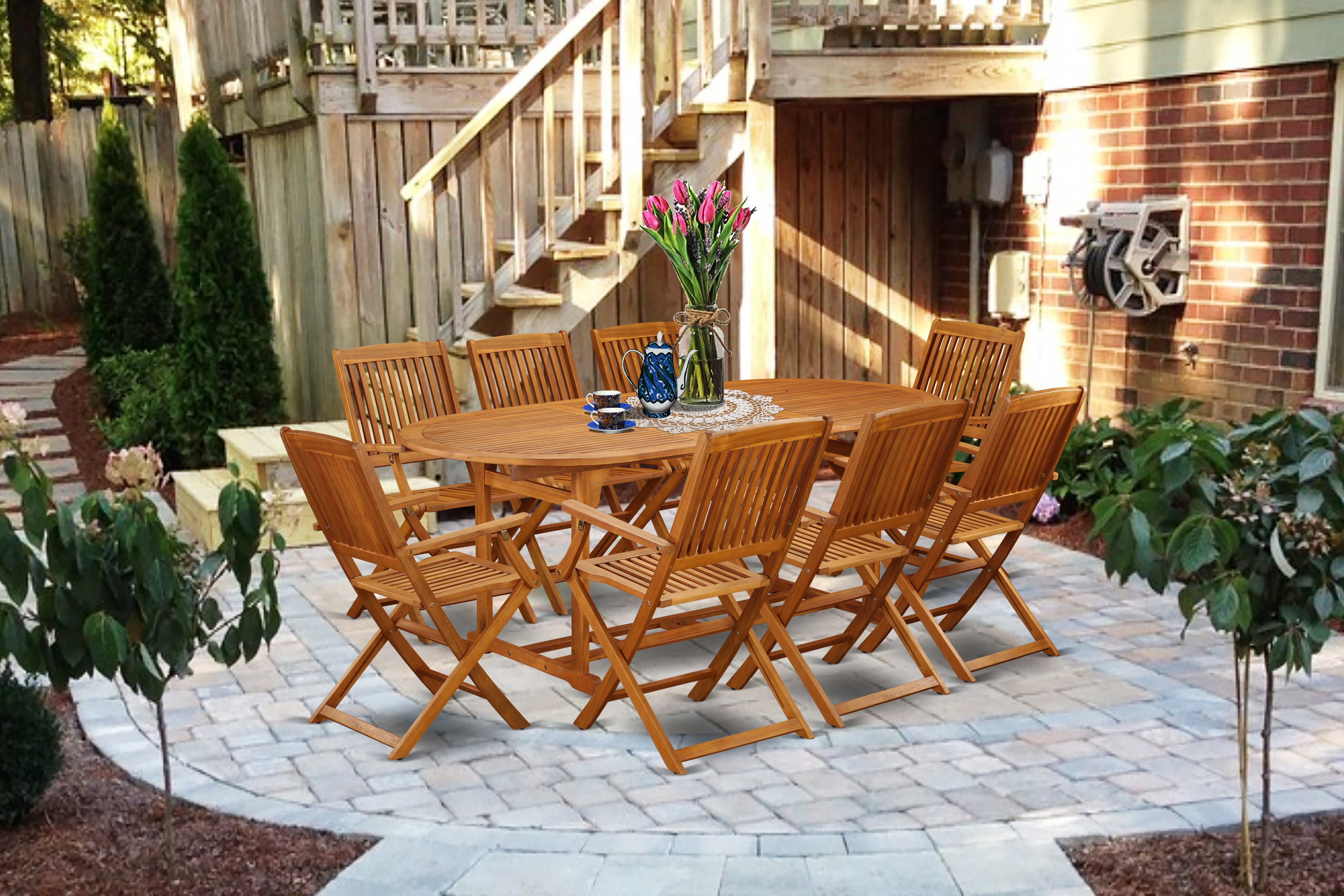 BSCM9CANA This 9 Pc Acacia Wood Patio Sets provides you one Outdoor-Furniture table and Eight foldable Outdoor-Furniture chairs