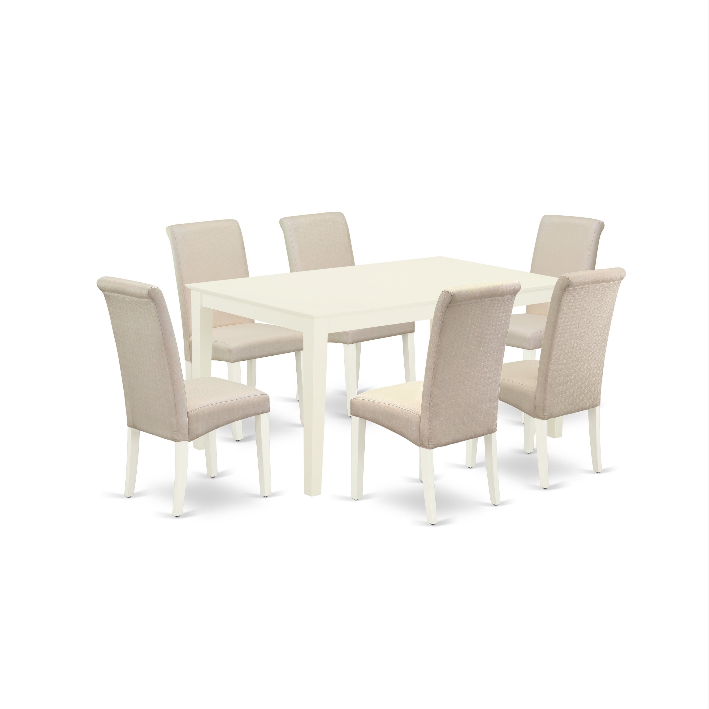 CABA7-LWH-01 7Pc Dinette Set Includes a Rectangular Kitchen Table and Six Parson Chairs with Cream Fabric, Linen White Finish