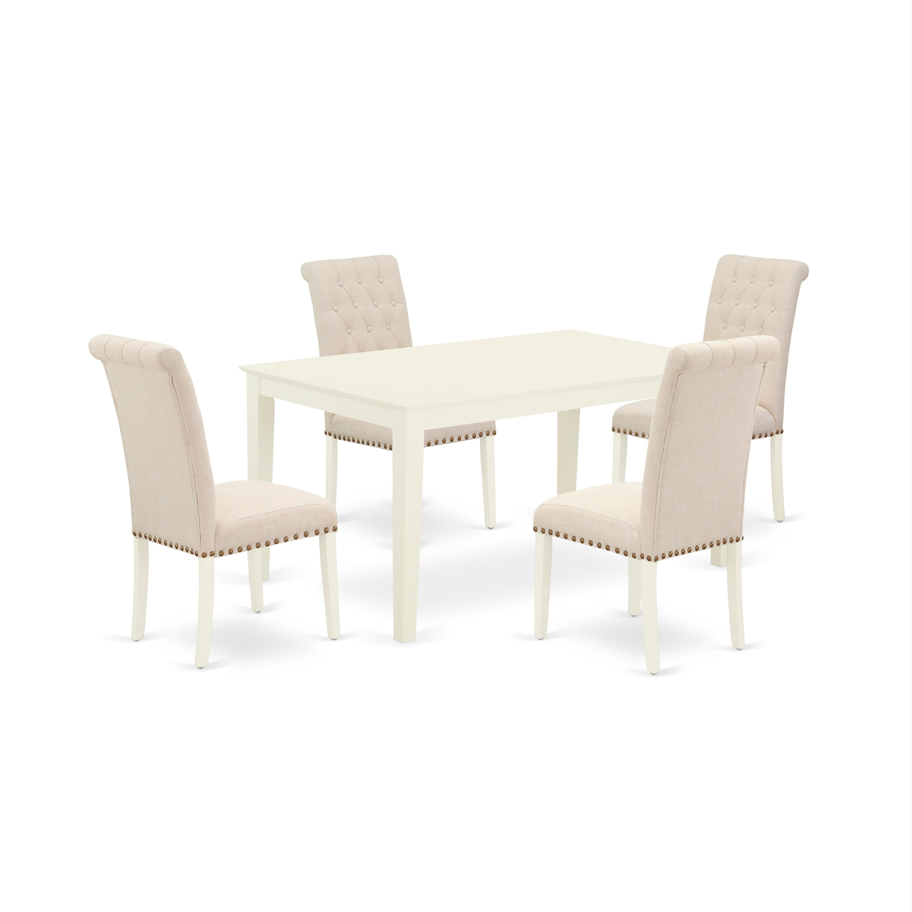 CABR5-LWH-02 5Pc Dining Set Includes a Rectangle Dinette Table and Four Parson Chairs with Light Beige Fabric, Linen White Finish