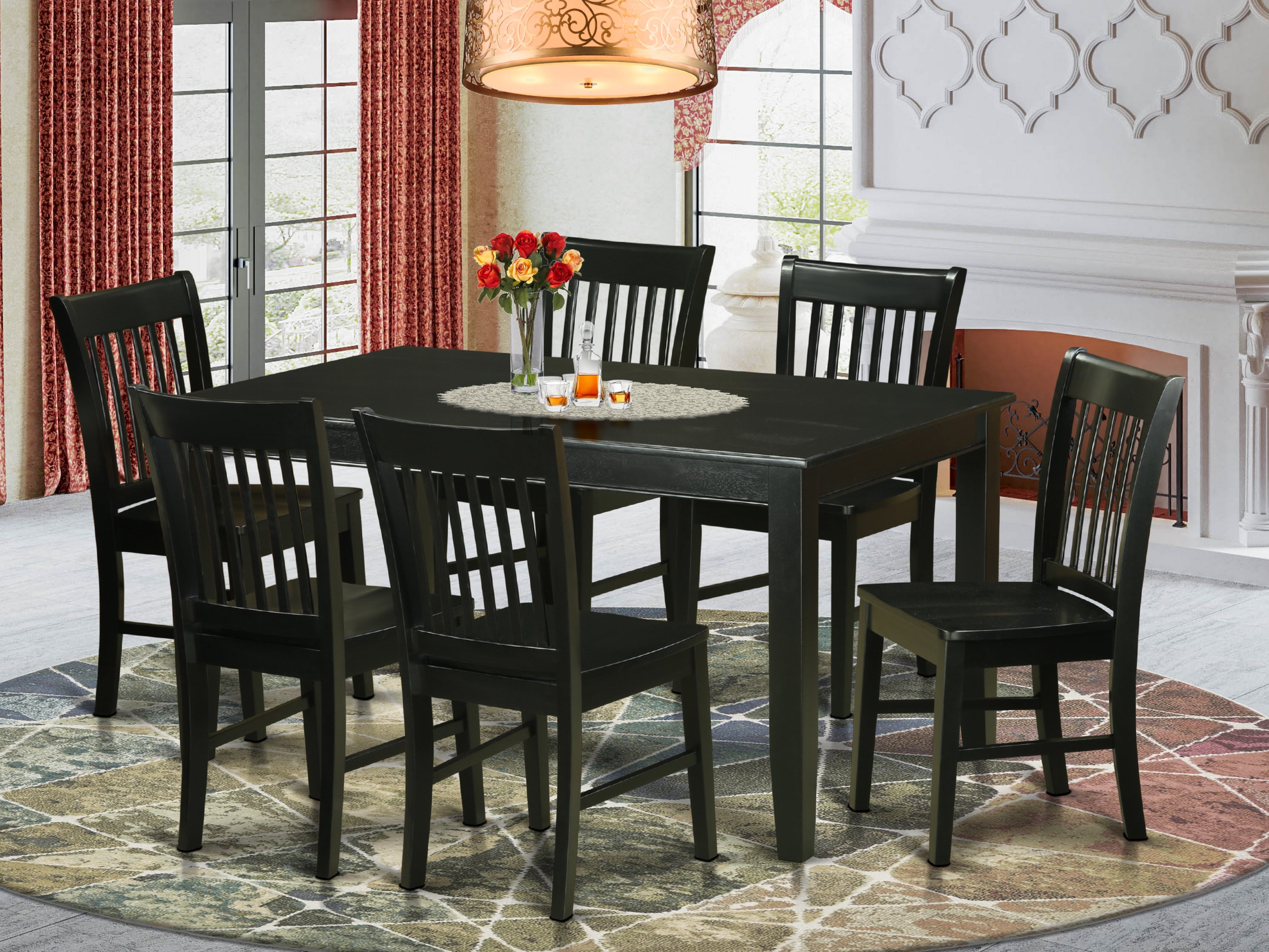 Dudley 7 Pc Black Dining room Kitchen Table and 6 Slat Back Chairs Set