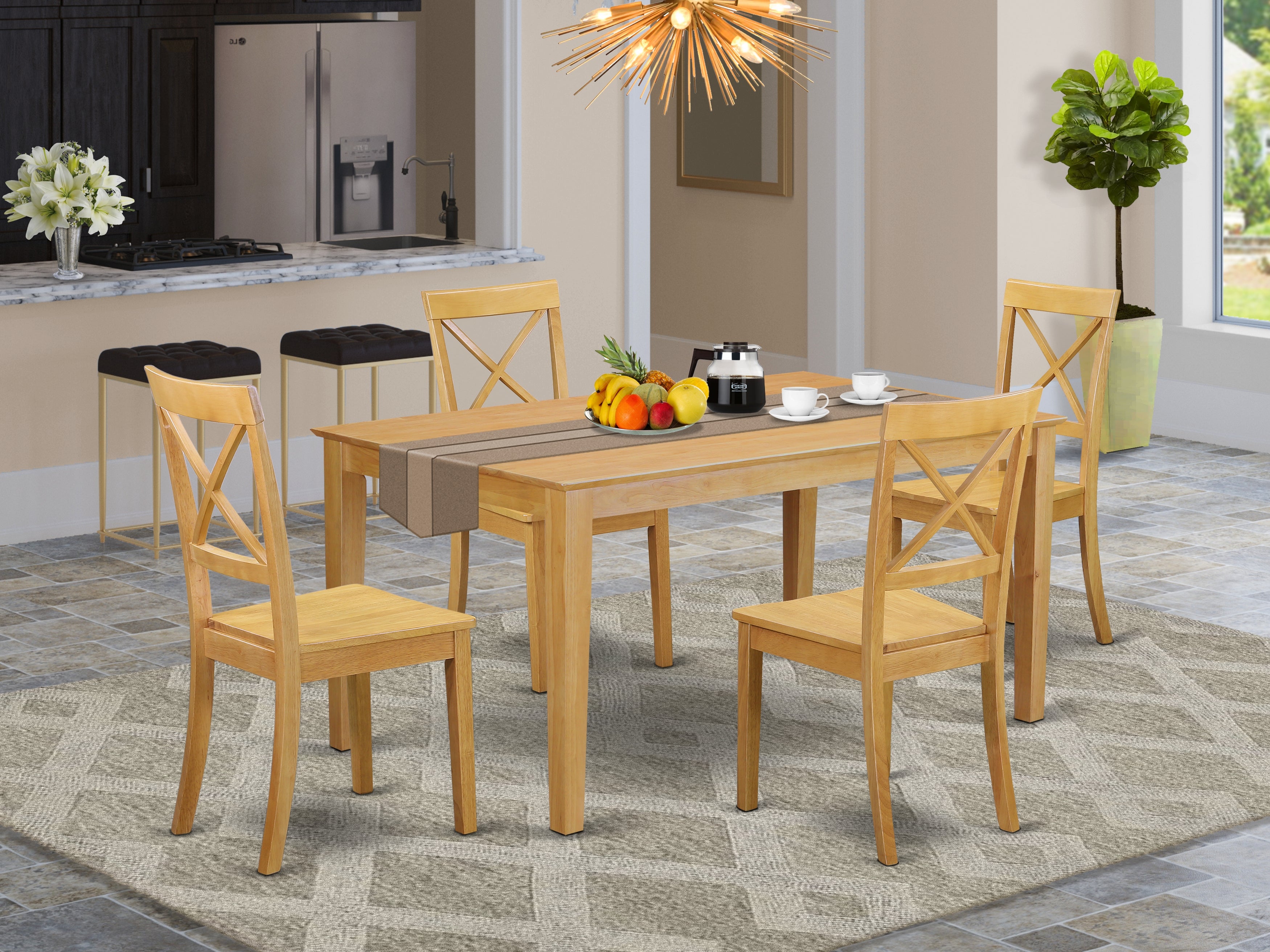 CABO5-OAK-W 5 Piece dining room Set for 4 set-Dining table and 4 Wood Seat Dining Chairs in Oak