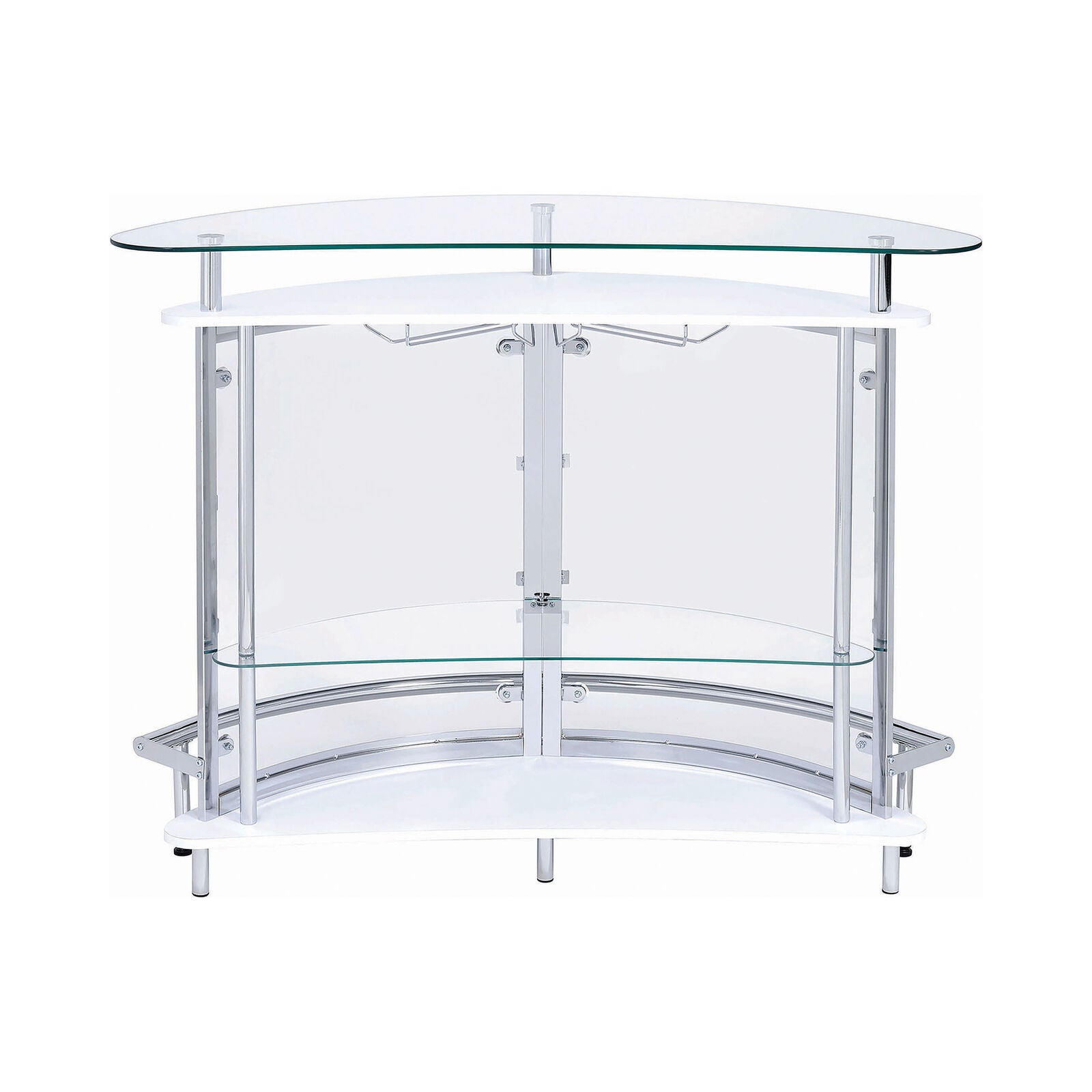 White Finish Curved Front Bar With Tempered Glass Shelves / Chrome Accent