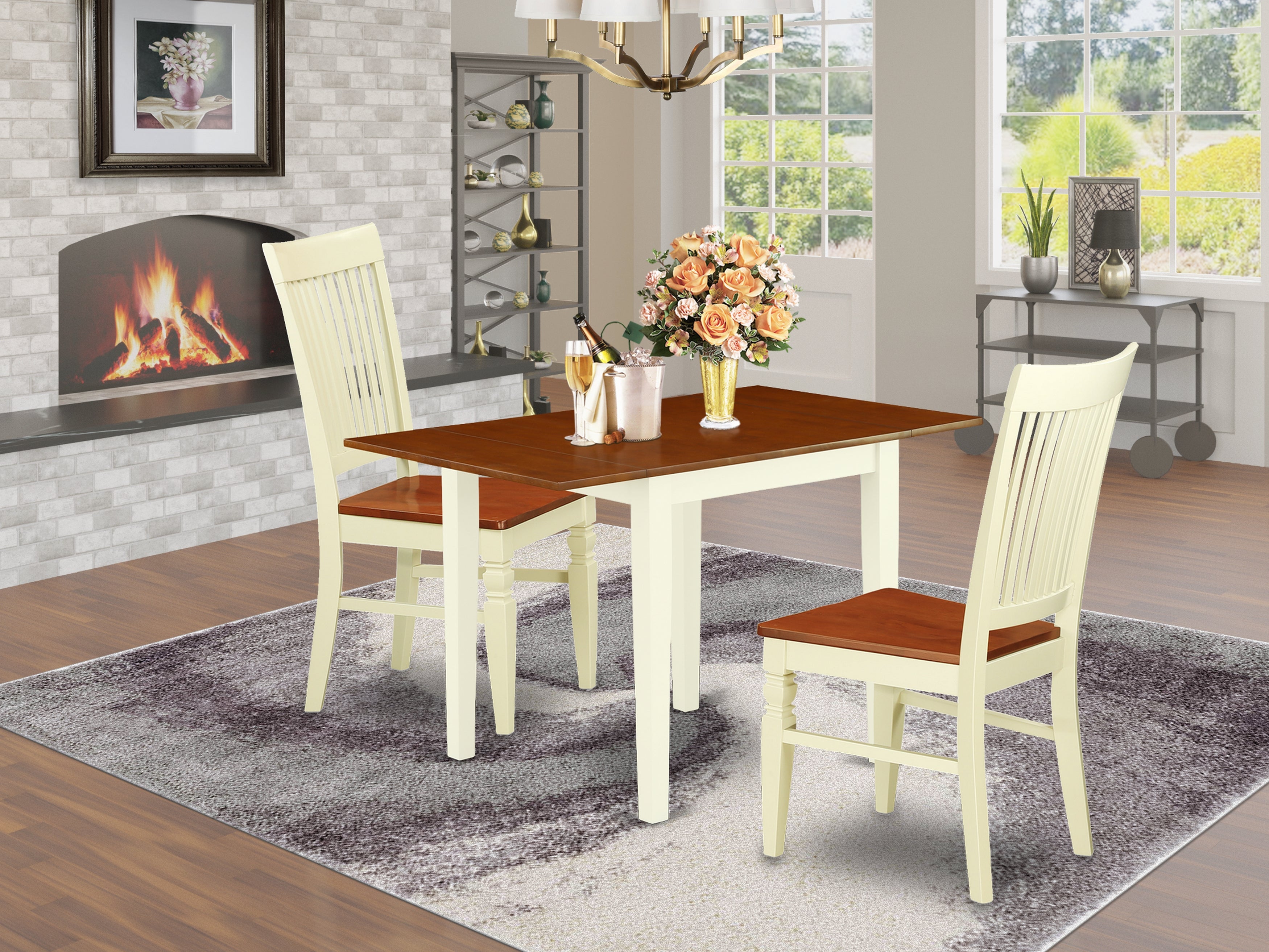 East West Furniture NDNI3-WHI-W 3Pc Dinette Set Consists of a Small Table and 2 Dinette Chairs with Solid Wood Seat and Panel Back, Buttermilk and Cherry Finish