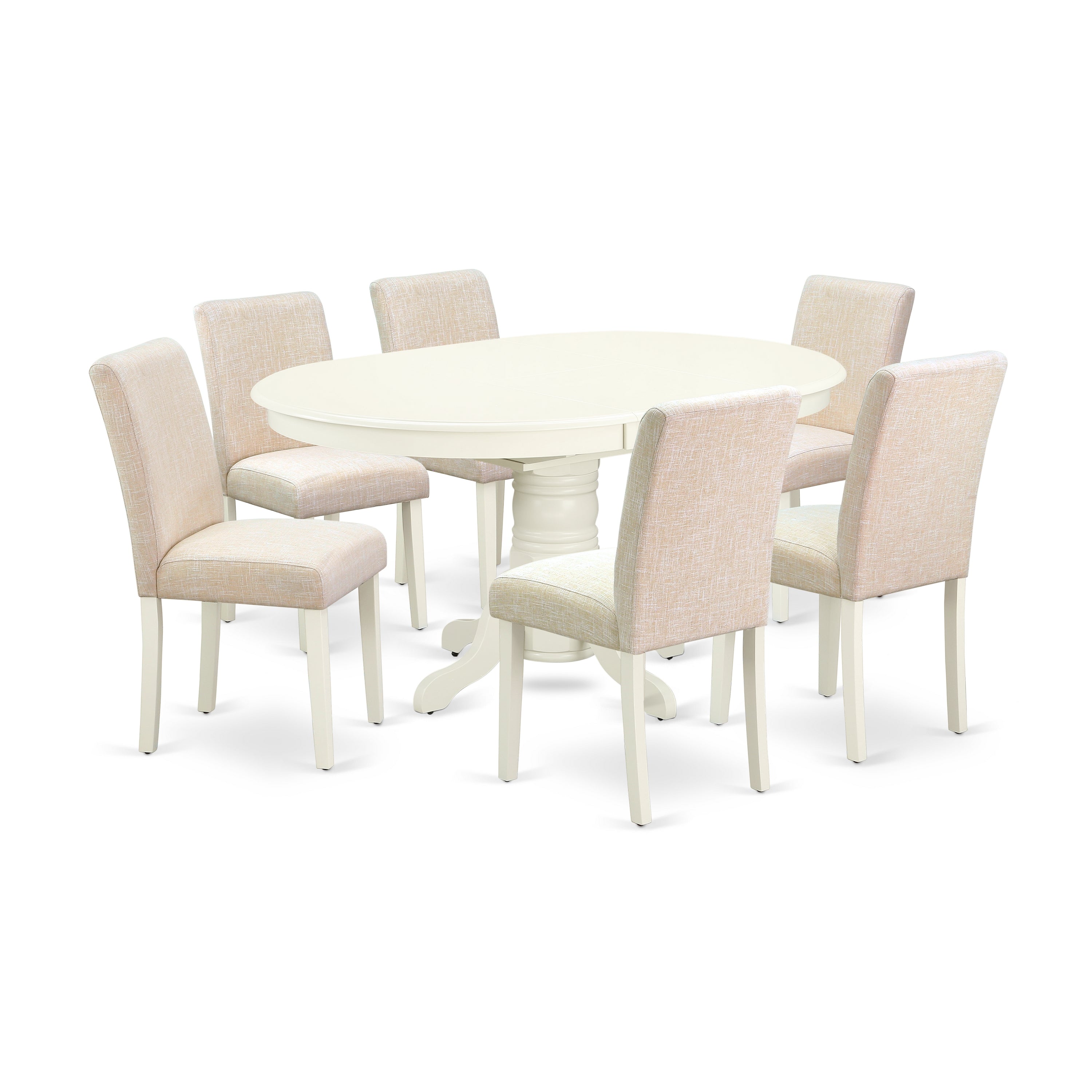 AVAB7-LWH-02 7Pc Oval 42/60" Dinette Table With 18 In Butterfly Leaf And 6 Parson Chair With Linen White Leg And Linen Fabric Light Beige