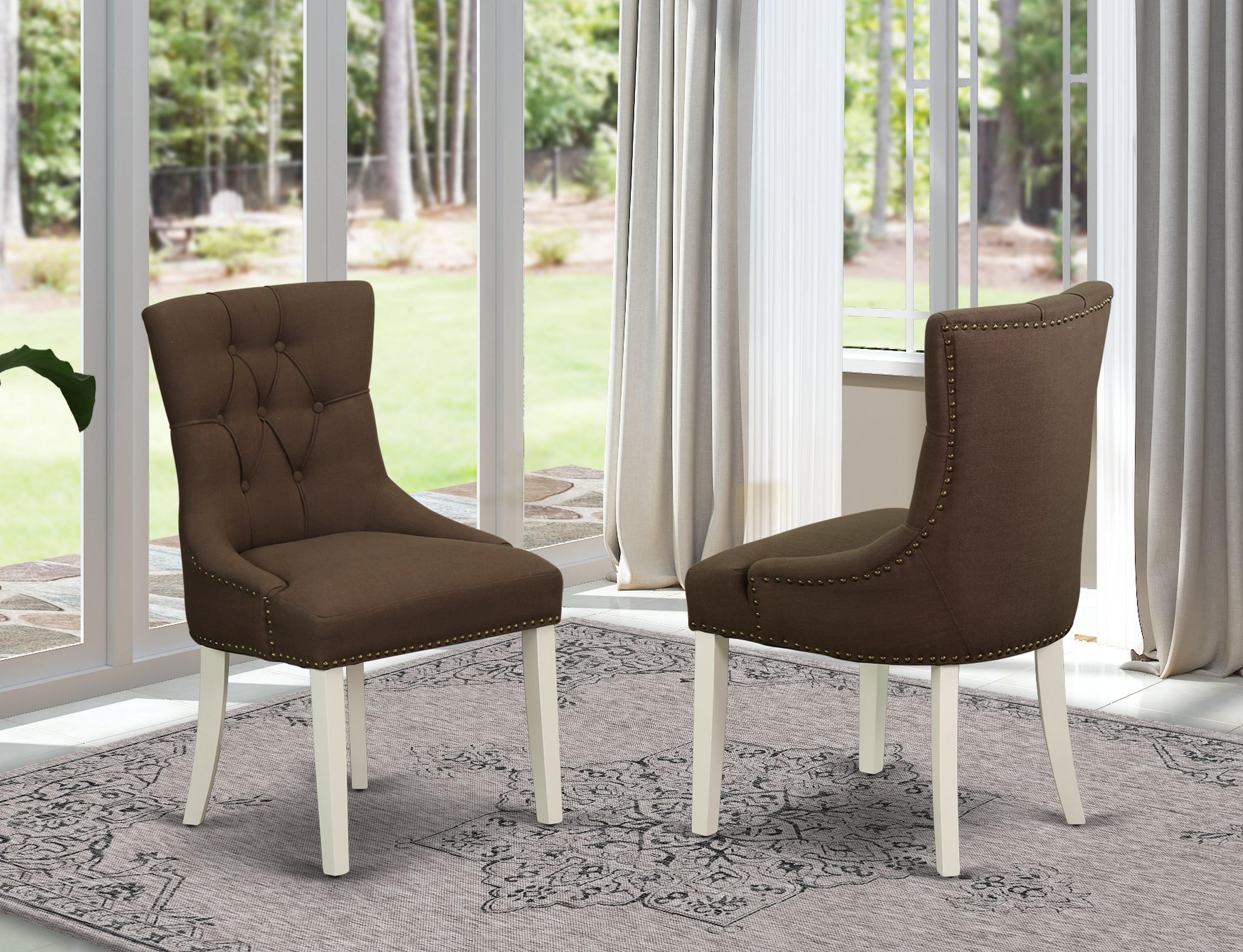 FRP2B19 Friona parson Chair with Linen White Finish Leg and Linen fabric-Chocolate Color