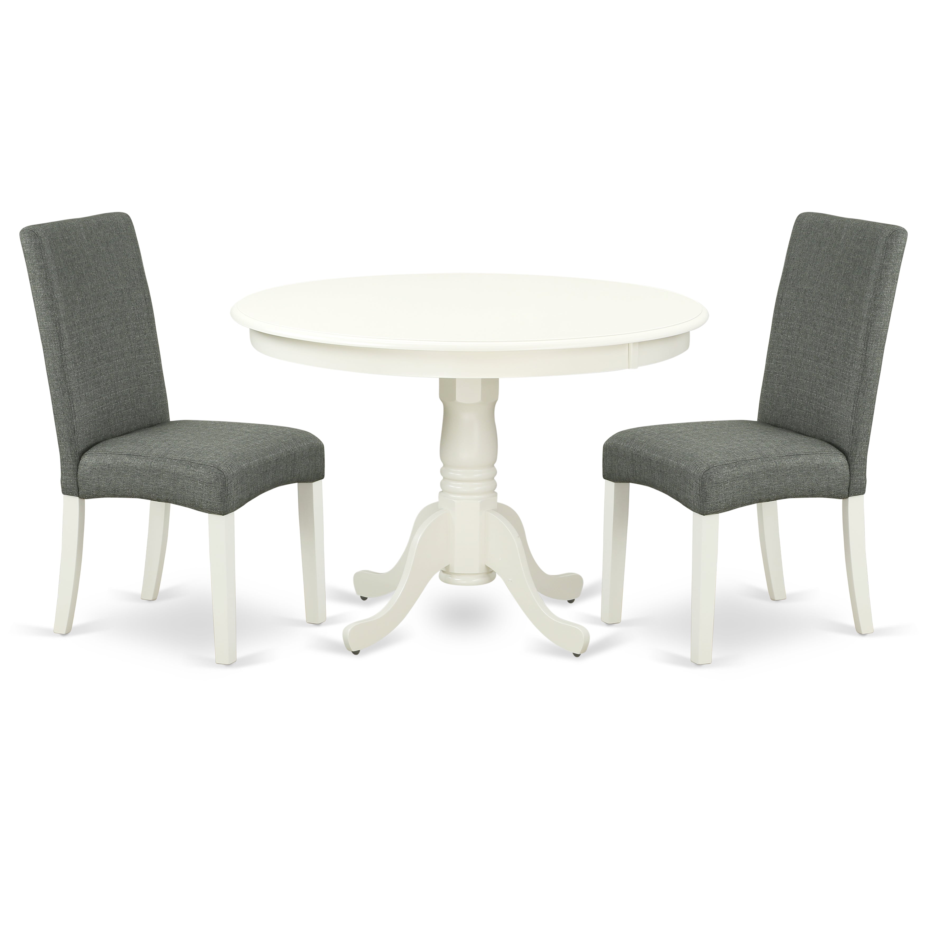 HLDR3-LWH-07 3Pc Round 42" Dining Table And Two Parson Chair With Linen White Finish Leg And Linen Fabric- Gray Color