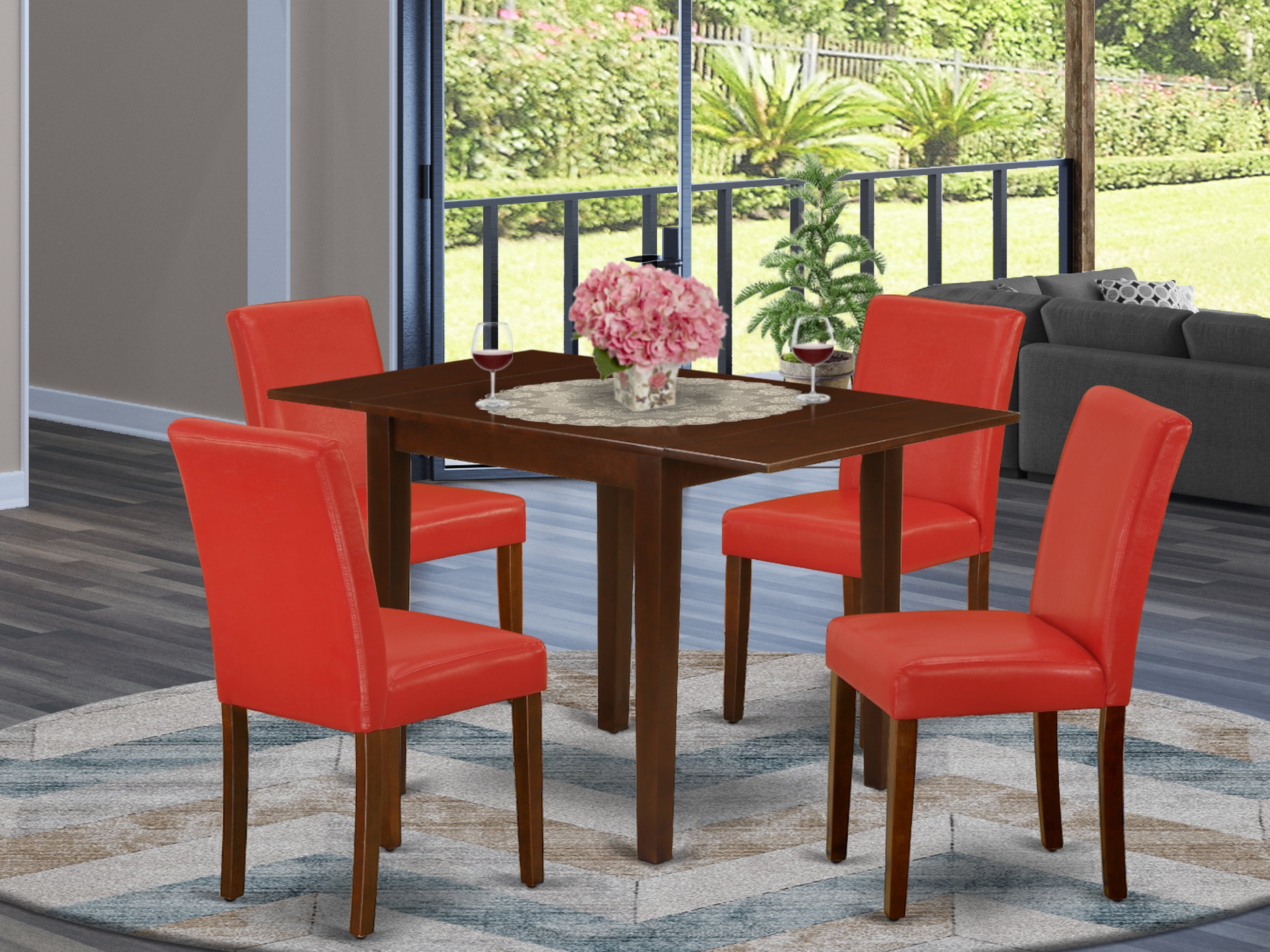 East West Furniture NDAB5-MAH-72 Dinette Set 5 Pc - Four Kitchen Chairs and a Modern Dining Table - Mahogany Finish Hardwood - Firebrick Red Color Pu Leather