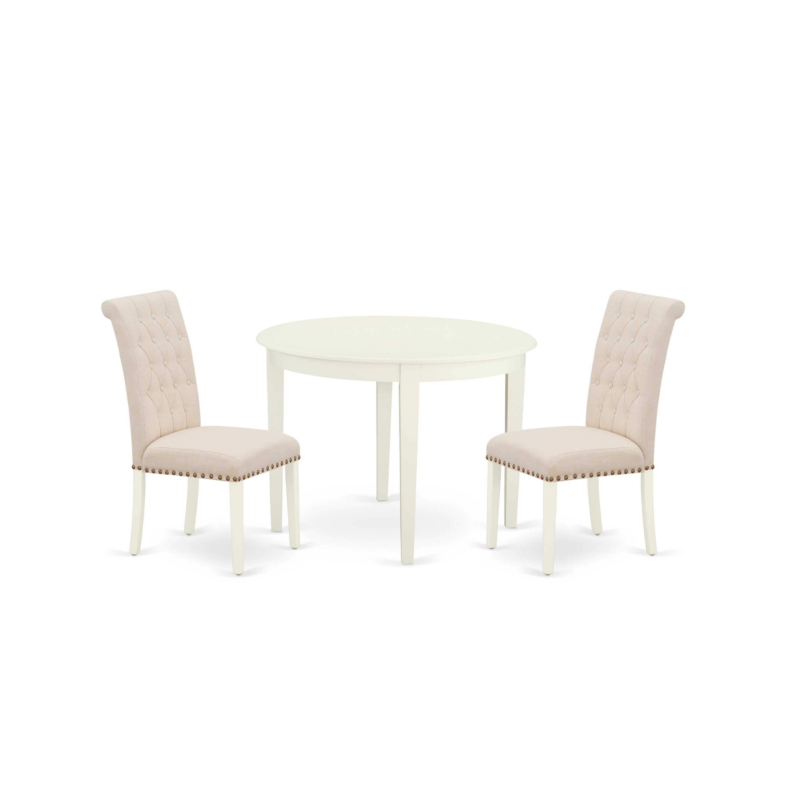 BOBR3-WHI-02 3Pc Dinette Set Includes a Small Rounded Kitchen Table and Two Parson Chairs with Light Beige Fabric, White Finish