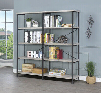 Analiese Wood And Metal Industrial 4-Shelf Open Bookcase Shelf Grey Driftwood