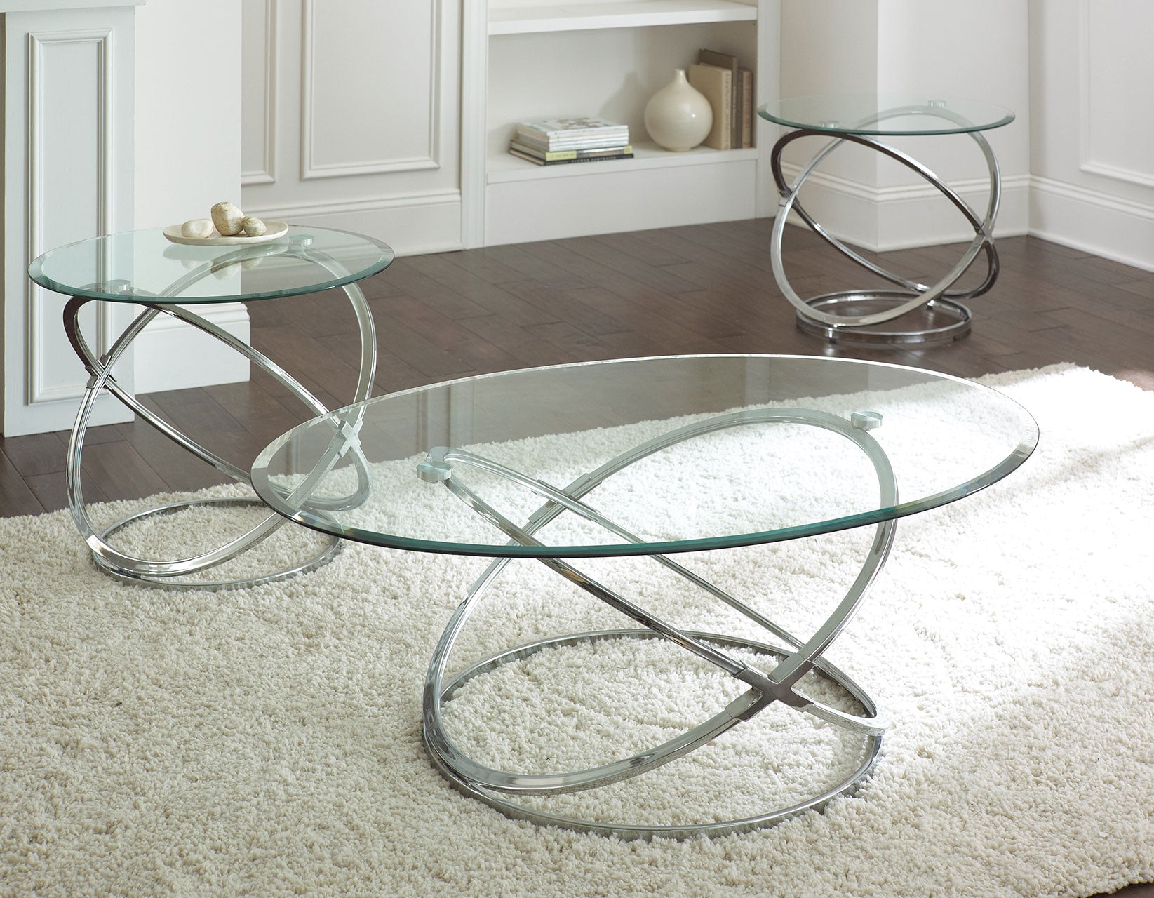 3 Piece Steve Silver Orion Oval Chrome and Glass Coffee Table Set