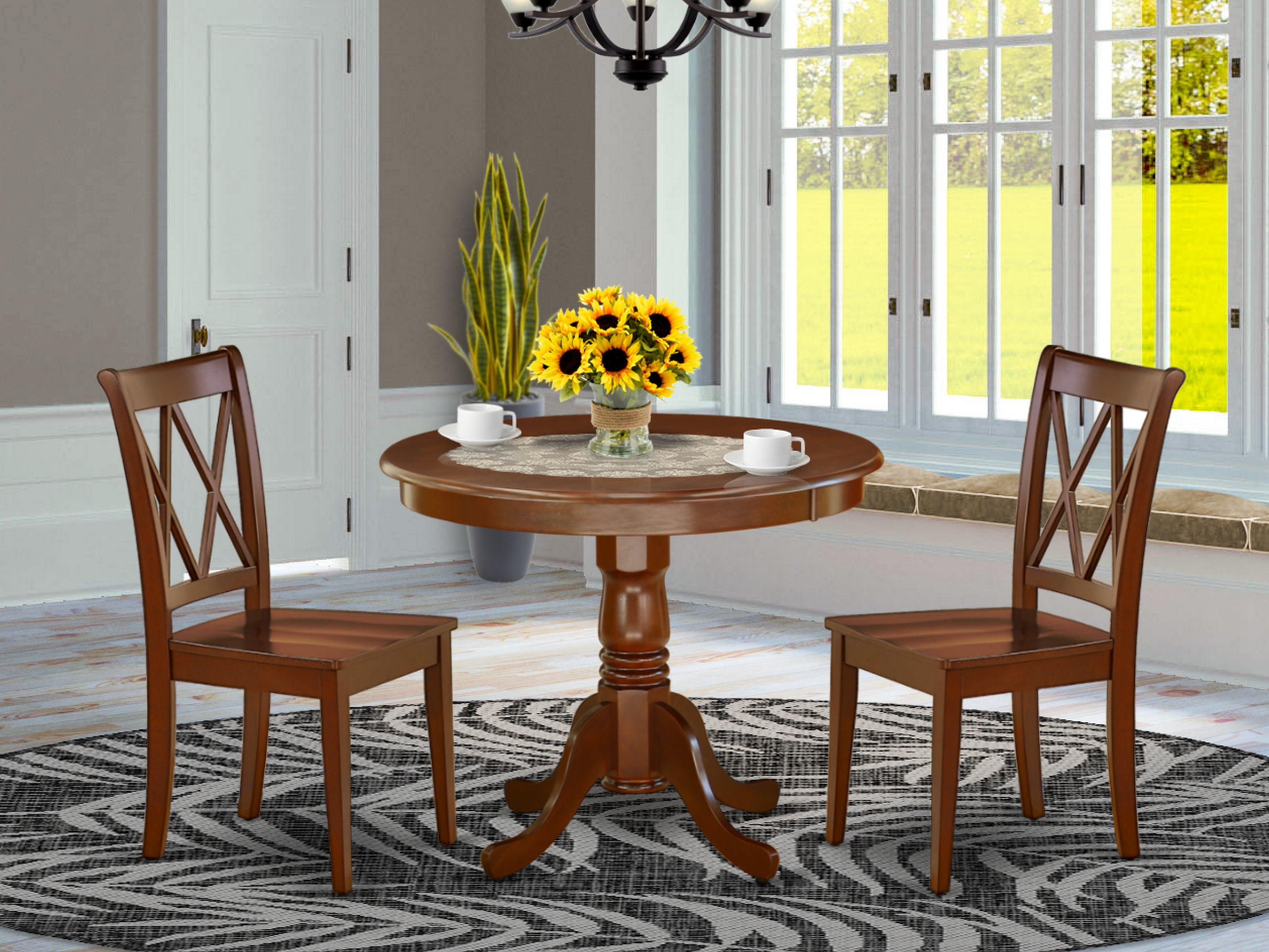 ANCL3-MAH-W 3PC Round 36 inch Table and 2 Double X back Chairs