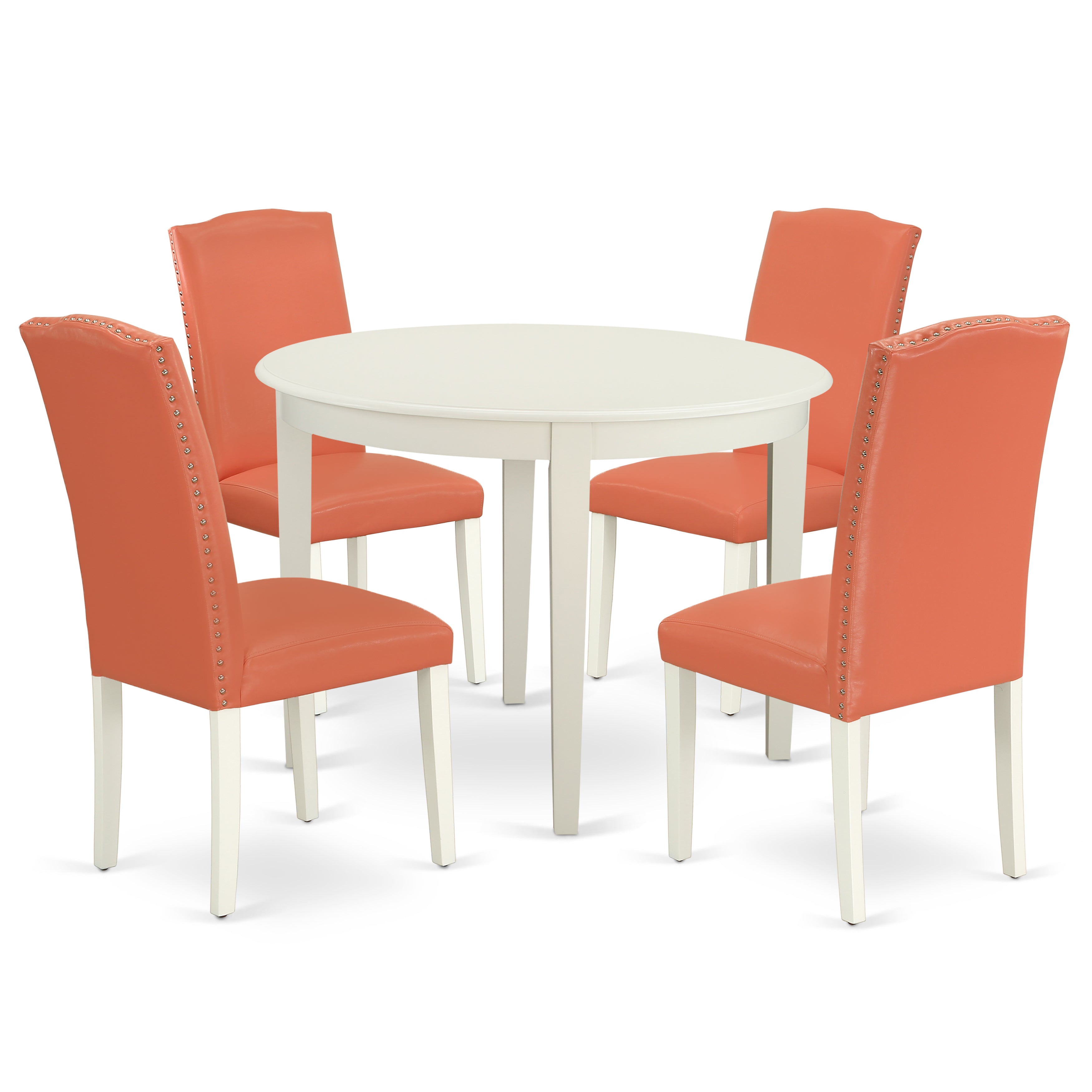 BOEN5-LWH-78 5Pc Round 42" Kitchen Table And Four Parson Chair With Linen White Leg And Pu Leather Color Pink Flamingo